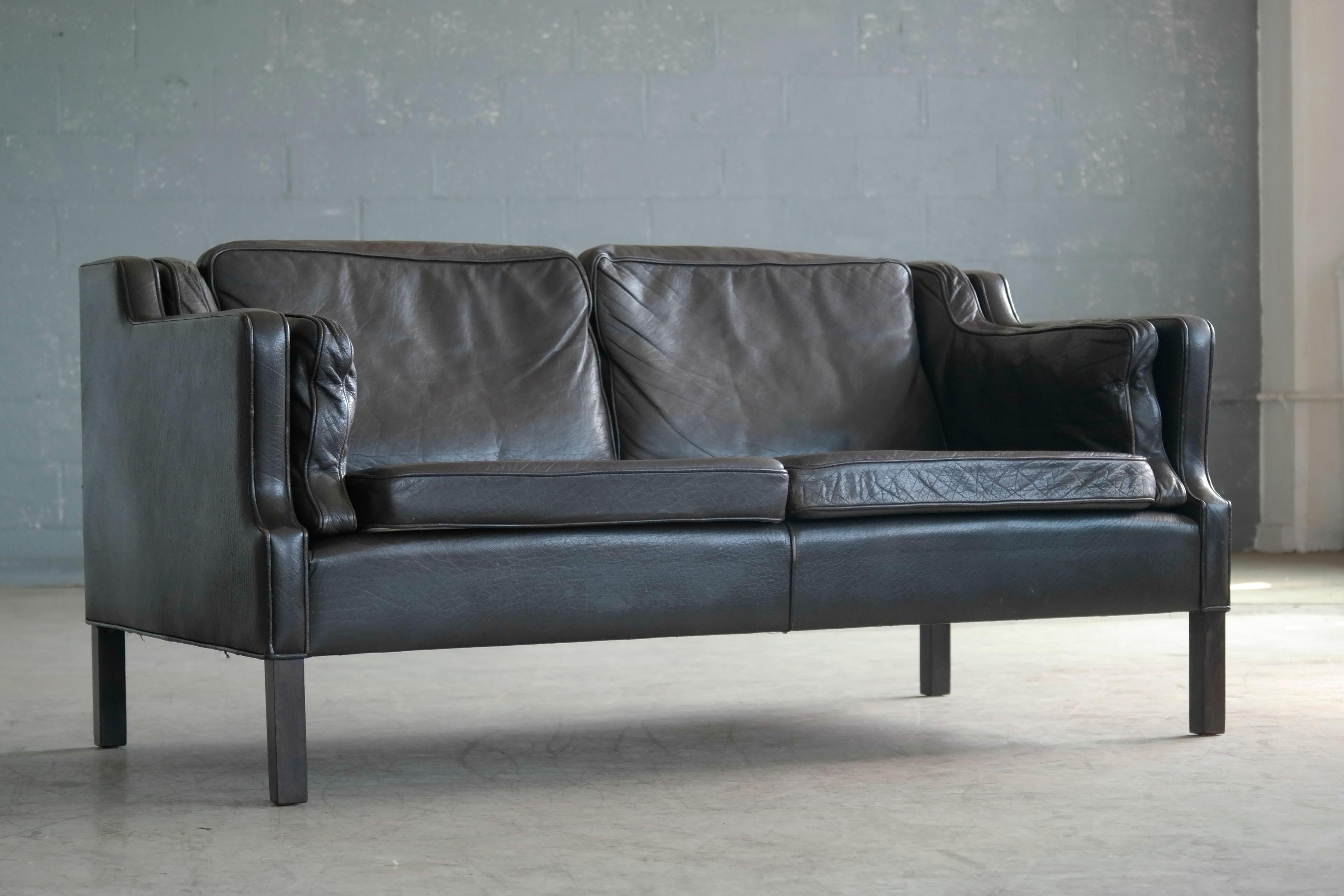 Mid-Century Modern Børge Mogensen Style Danish Two-Seat Sofa Brown Buffalo Leather by Georg Thams