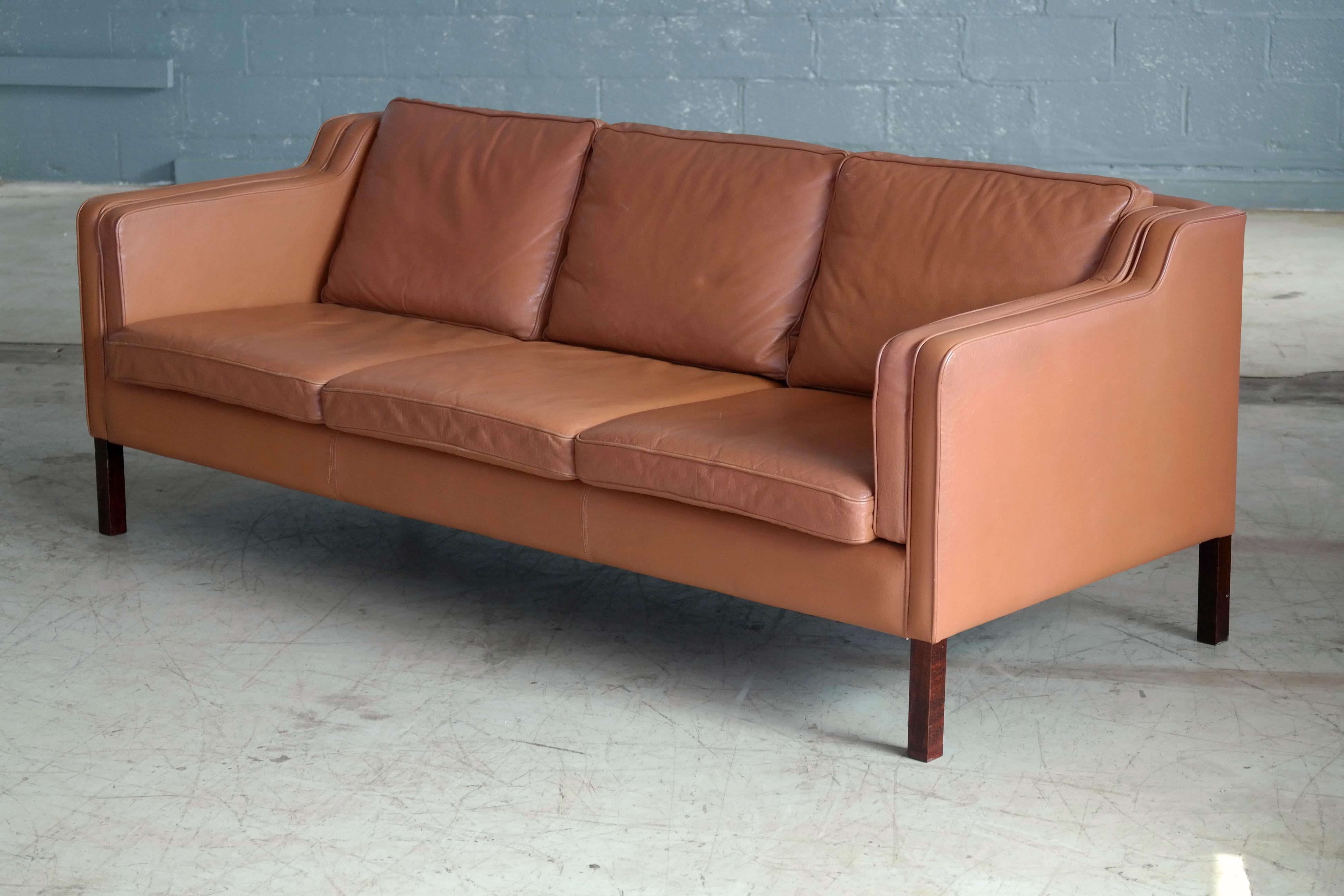 Mid-Century Modern Borge Mogensen Style Model 2213 Three-Seat Sofa in Cognac Leather by Stouby