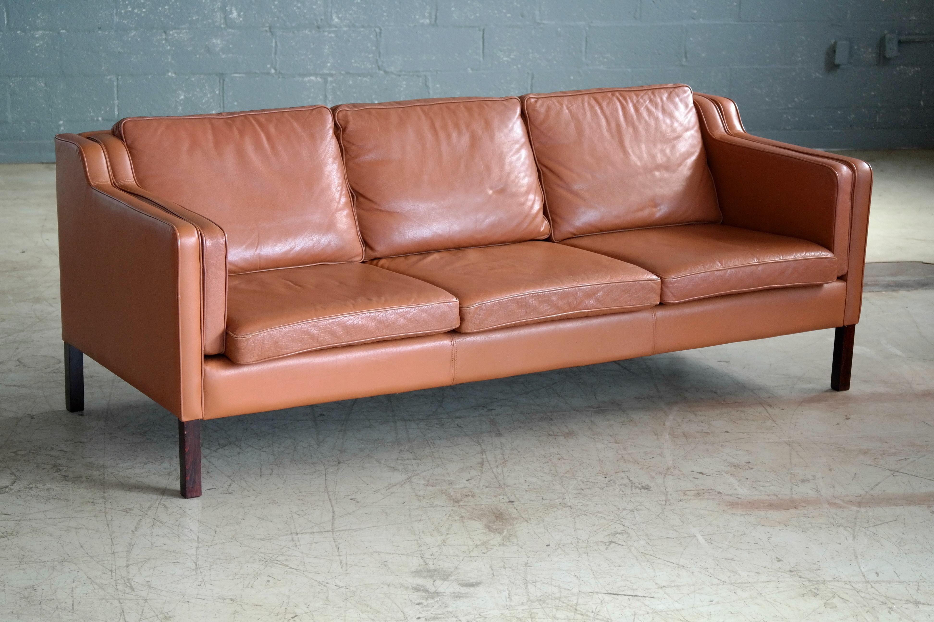 Danish Borge Mogensen Style Model 2213 Three-Seat Sofa in Cognac Leather by Stouby