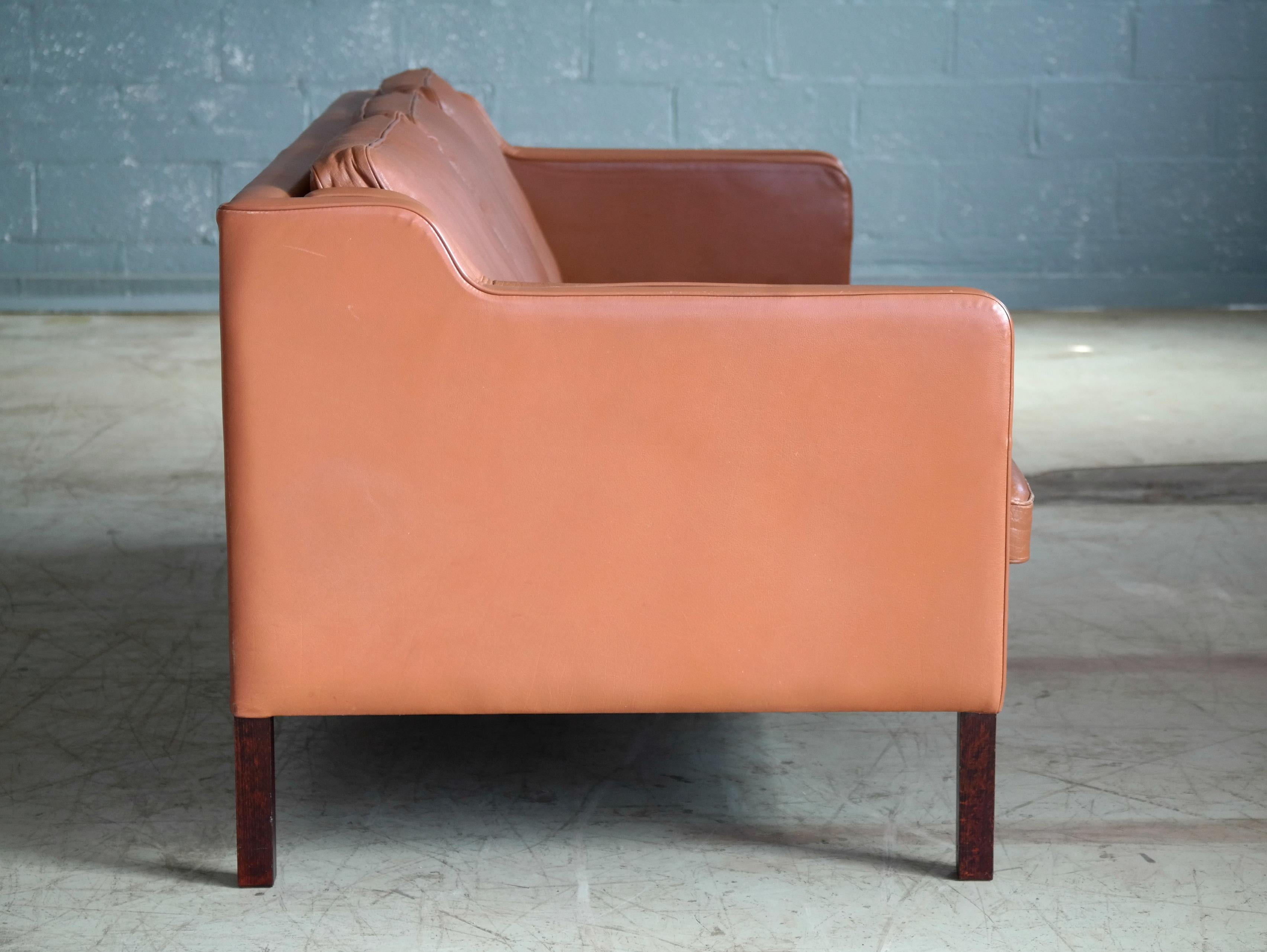 Mid-20th Century Borge Mogensen Style Model 2213 Three-Seat Sofa in Cognac Leather by Stouby