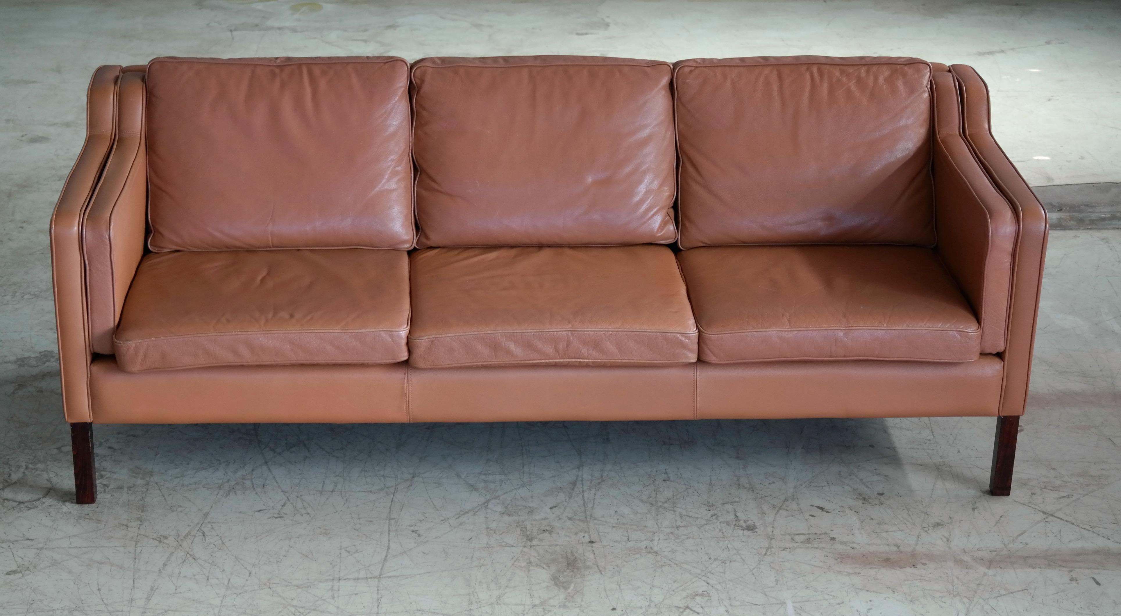 Borge Mogensen Style Model 2213 Three-Seat Sofa in Cognac Leather by Stouby 2