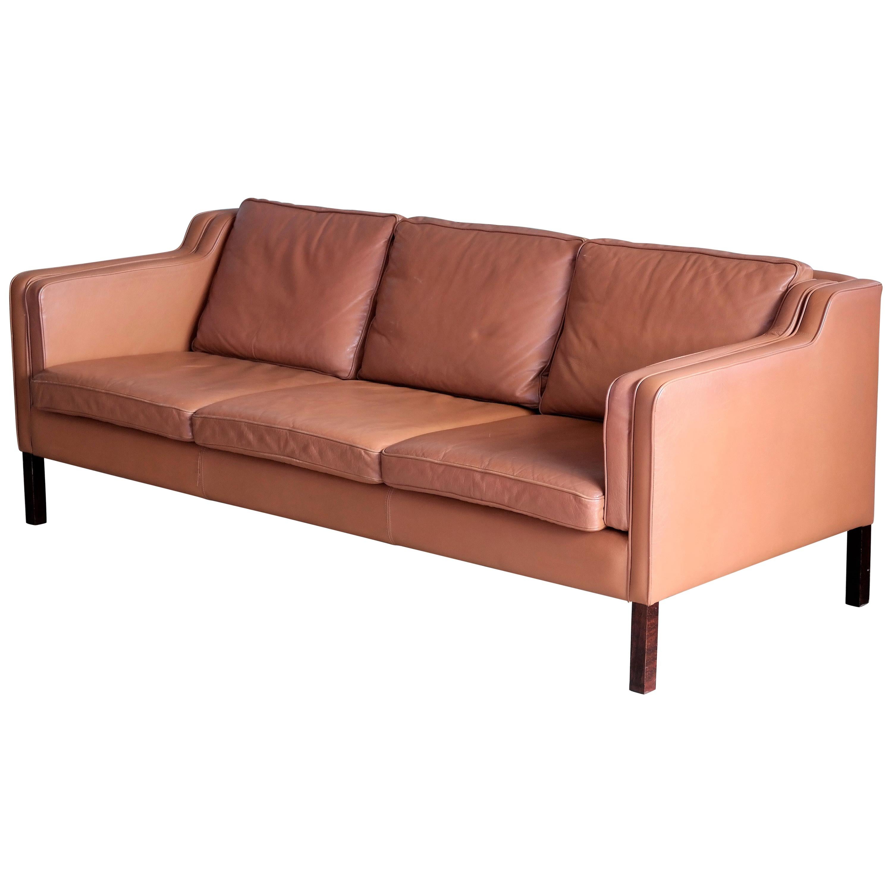 Borge Mogensen Style Model 2213 Three-Seat Sofa in Cognac Leather by Stouby