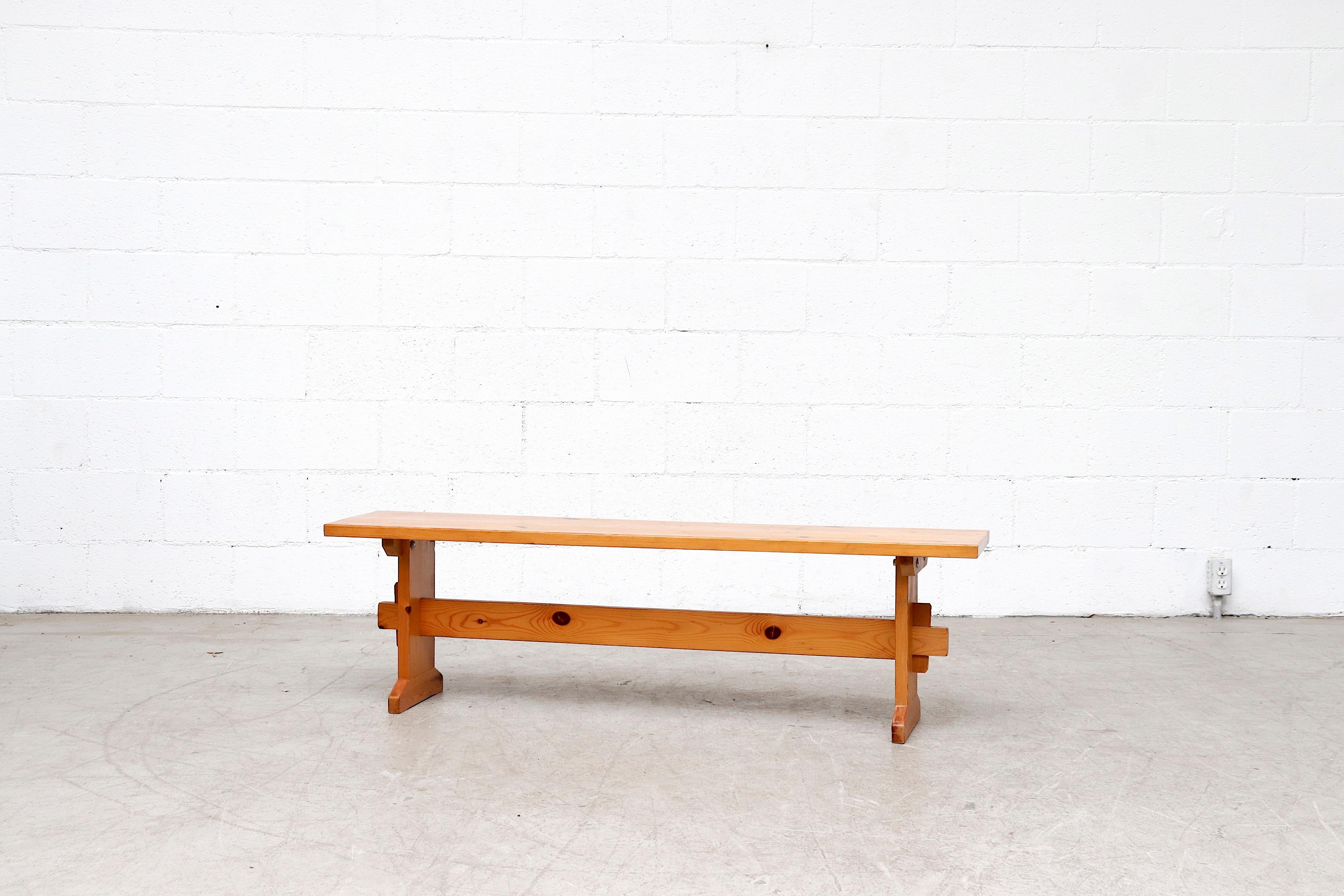 Small Borge Mogensen style natural pine bench. In original condition with wear consistent with its age and use. Shown with Borge Mogensen style trestle table (LU922418821542) other similar tables also available listed separately. (LU922419332232 +