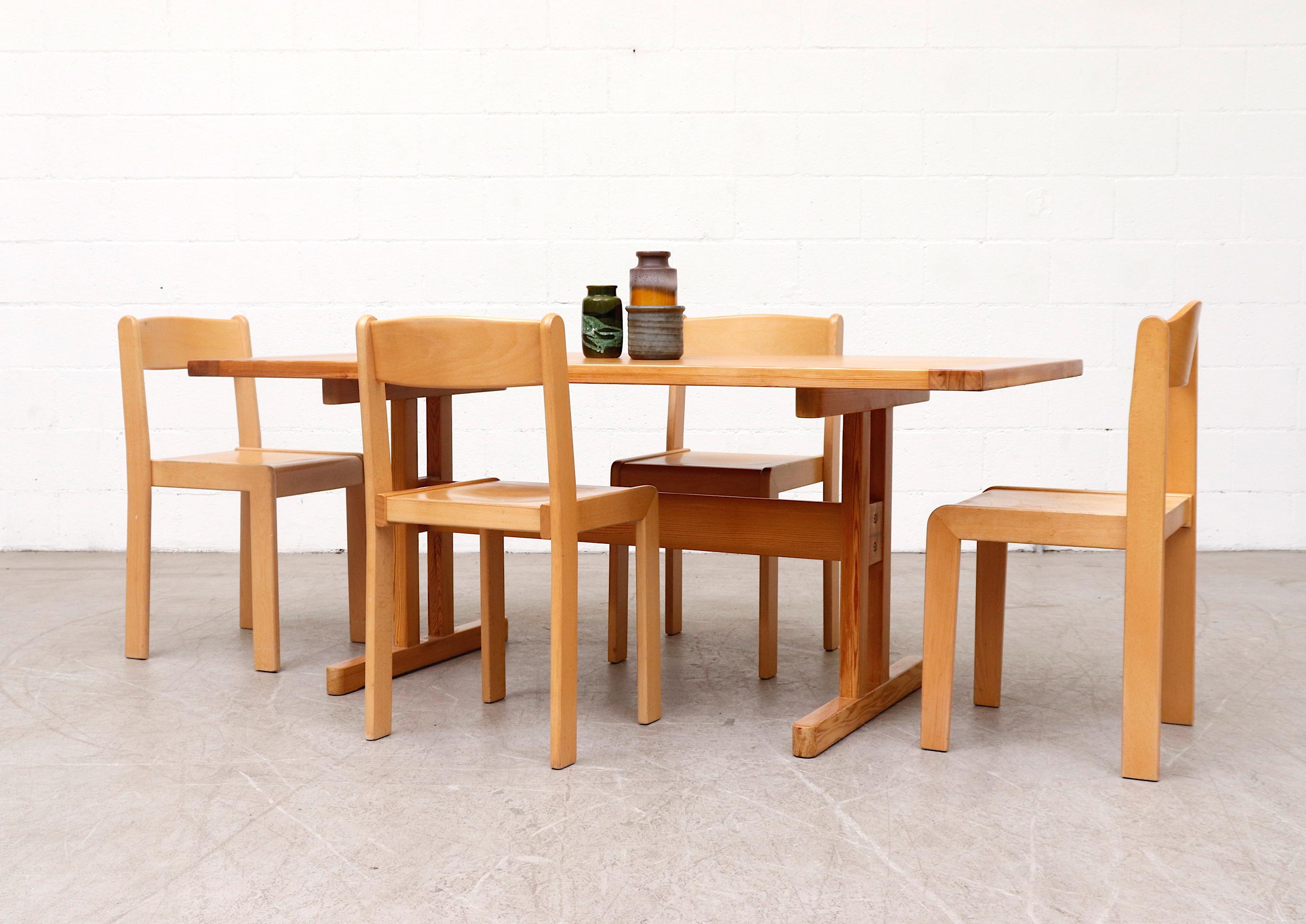 Blonde Børge Mogensen style dining table with trestle base in original condition with wear consistent with age and use. Several similar tables also available listed separately (LU922417319112). Shot with (S236 sm FB) listed separately.