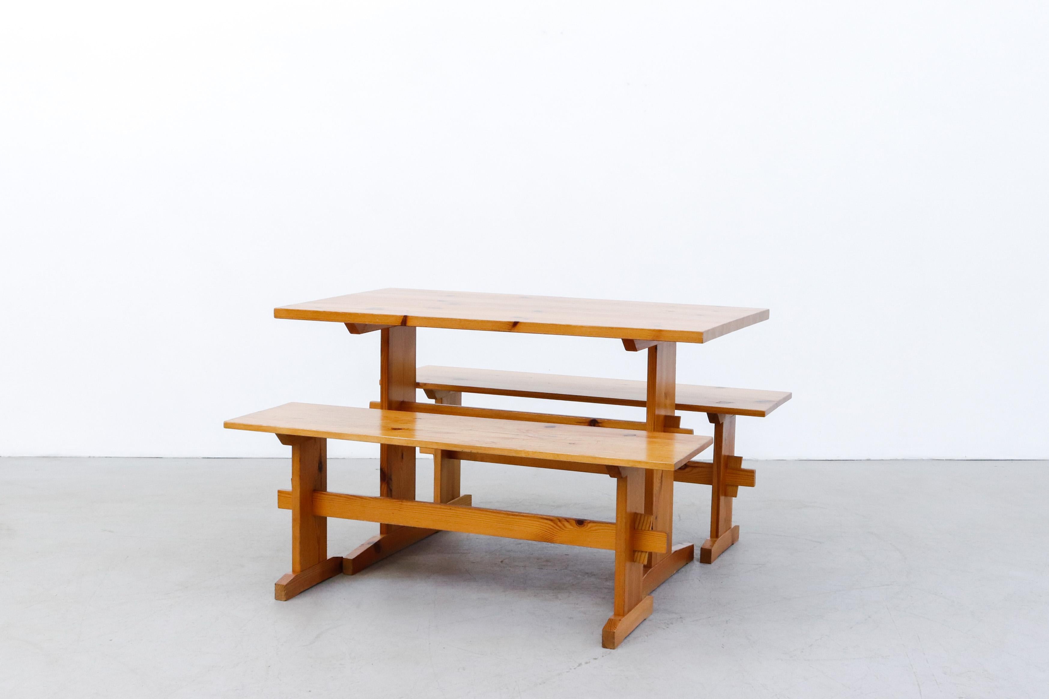 Petitie Børge Mogensen style dining table and bench set with peg tension assembly. Lightly refinished pine with visible wear including some scratching. Wear is consistent with it's age and use. Benches measure 47.25 x 13 x 18.25. Set price. Another