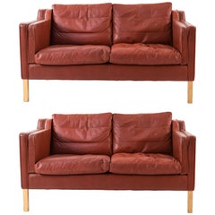 Borge Mogensen Style Stouby Indian Red Leather Loveseat, Danish Midcentury, Pair