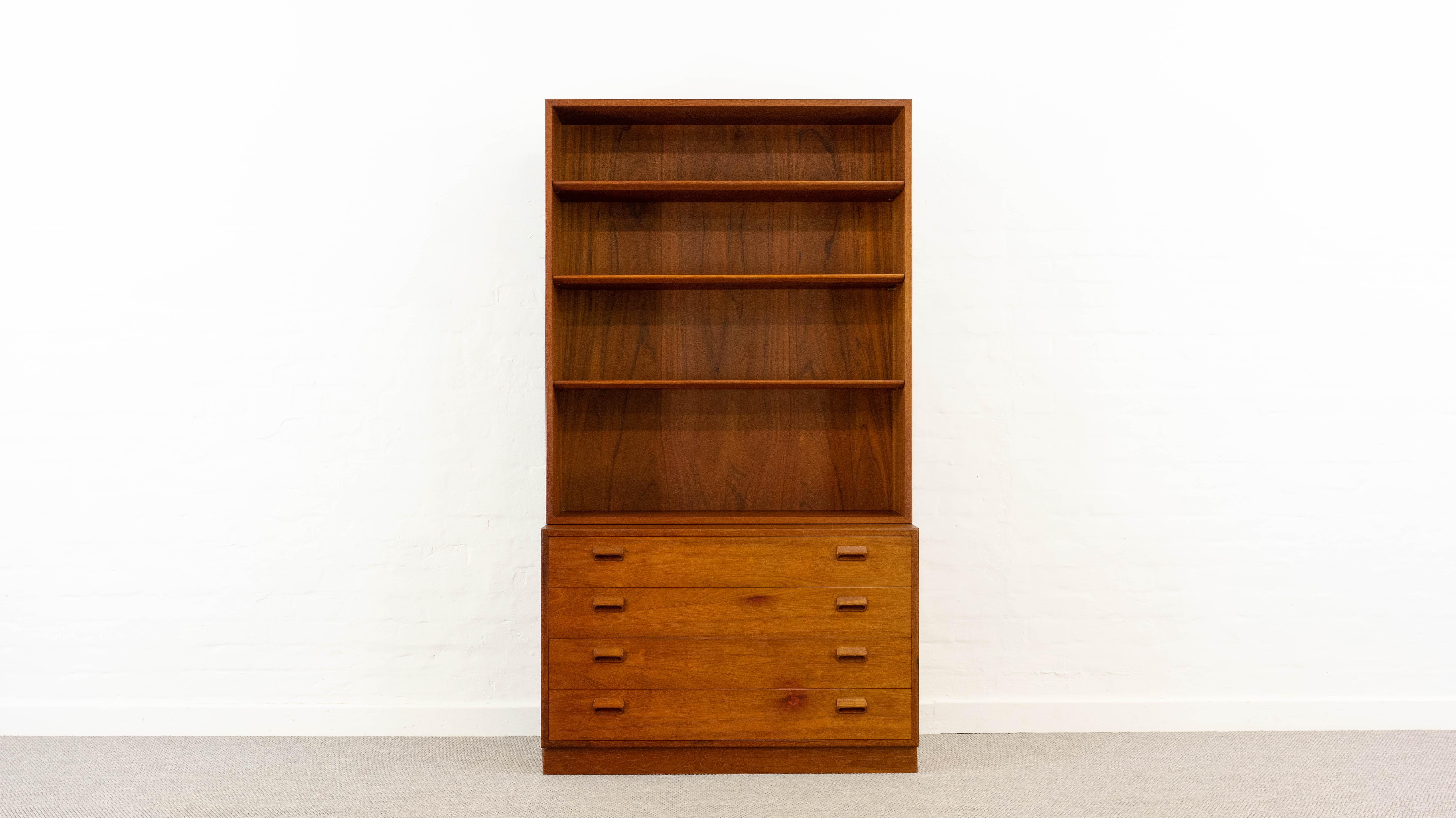 Midcentury Borge Mogensen Cupboard Elements in teak wood. Chest of Drawers and Shelf on top. Both pieces are stamped with manufacturer’s stamp and “Made in Denmark”. Chest of drawers with 4 drawers which show the characteristic Mogensen handles.