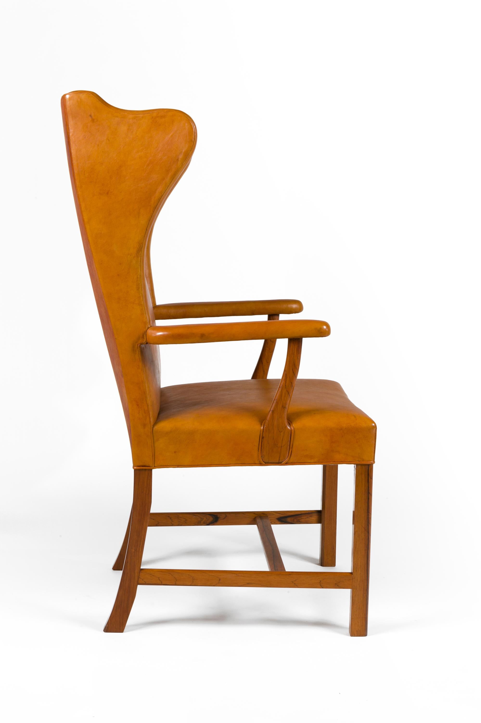 Scandinavian Modern Borge Mogensen Vintage Leather High Back Arm Chair, Denmark 1947
