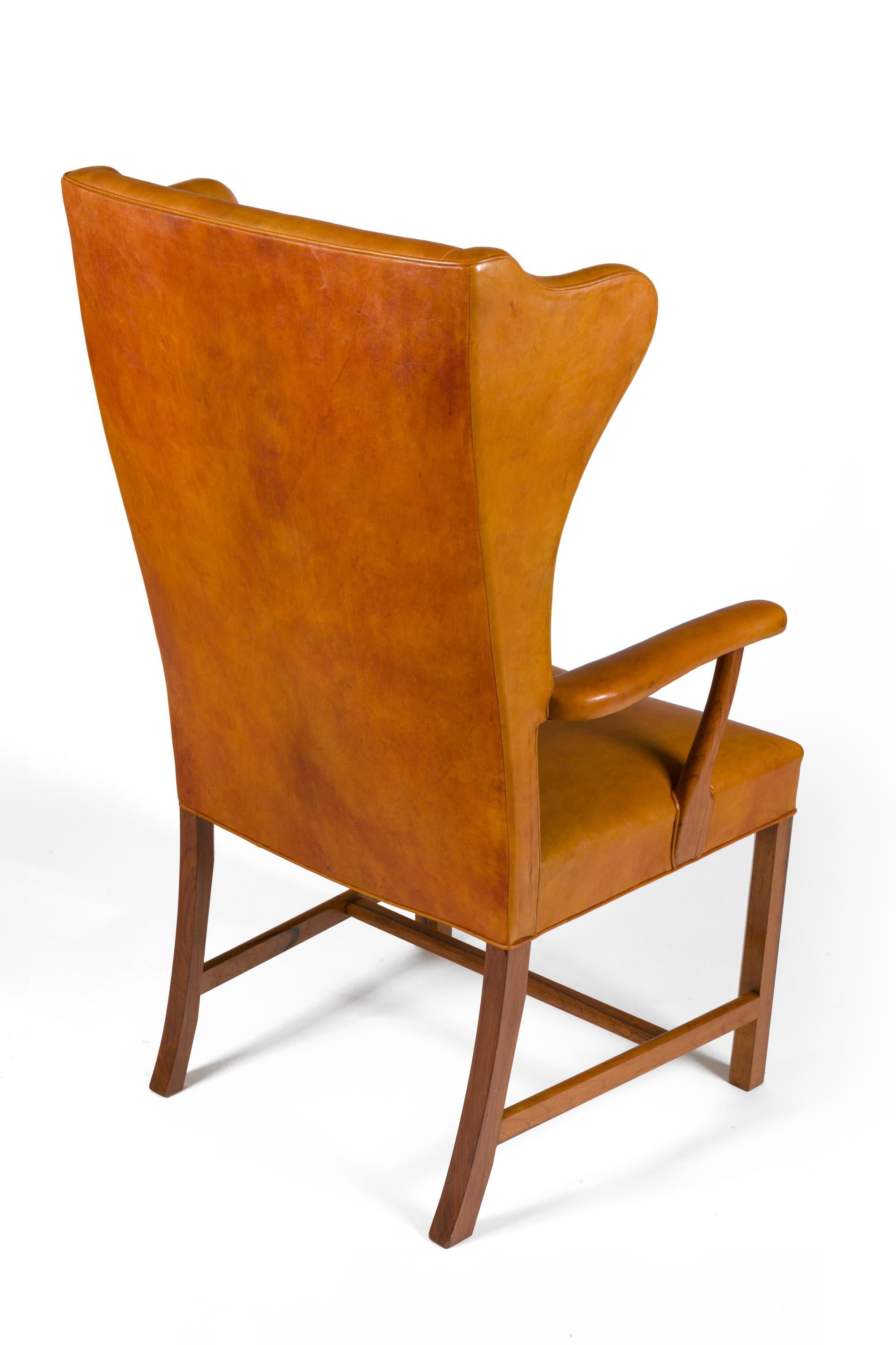 Danish Borge Mogensen Vintage Leather High Back Arm Chair, Denmark 1947