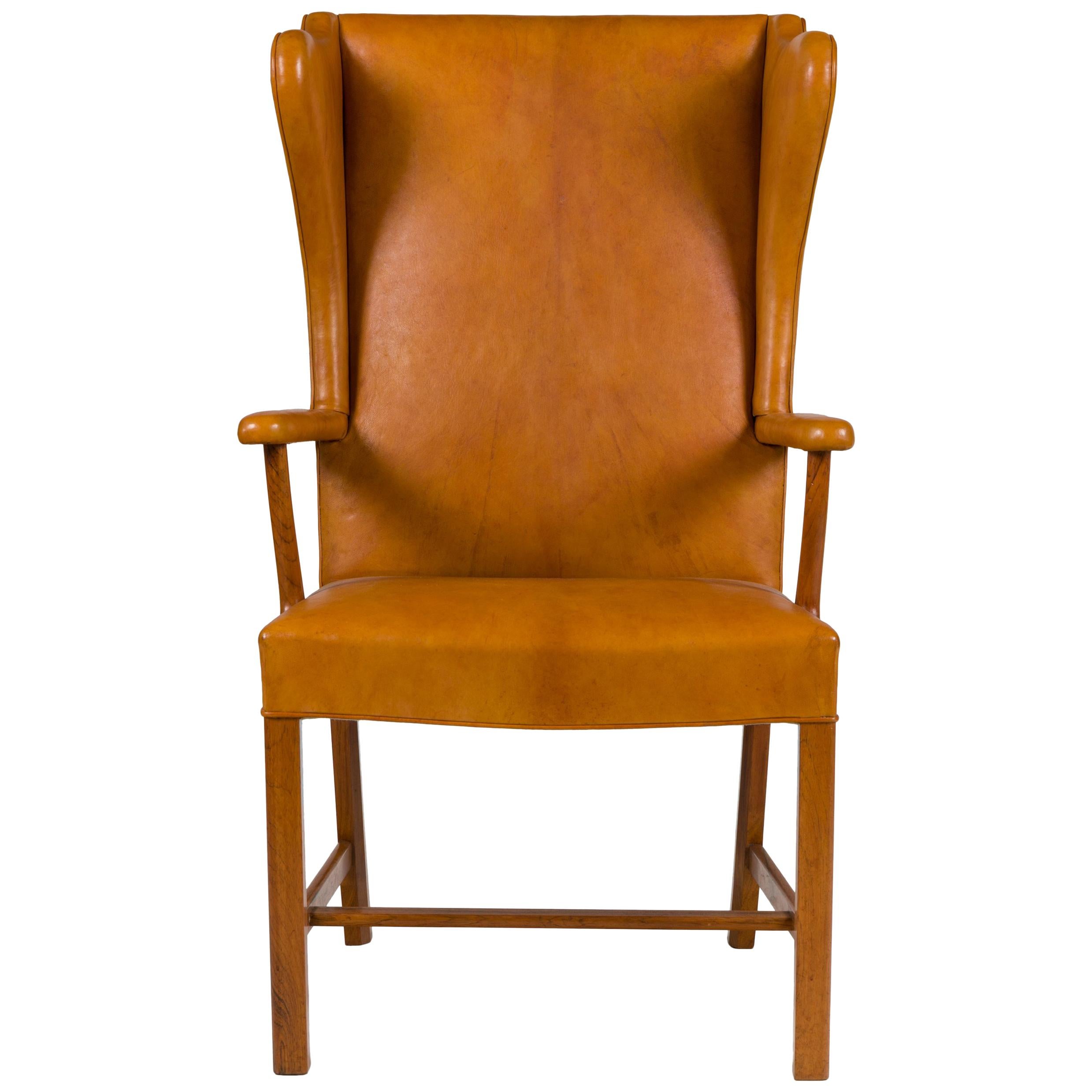 Borge Mogensen Vintage Leather High Back Arm Chair, Denmark 1947