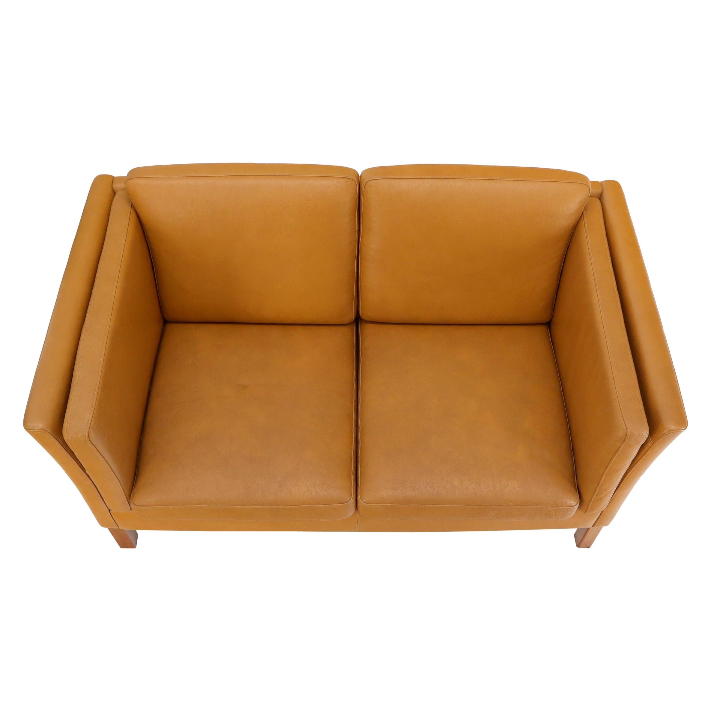 Mid-Century Modern Tan Leather Oak Frame Sofa by Ranch Oak For 