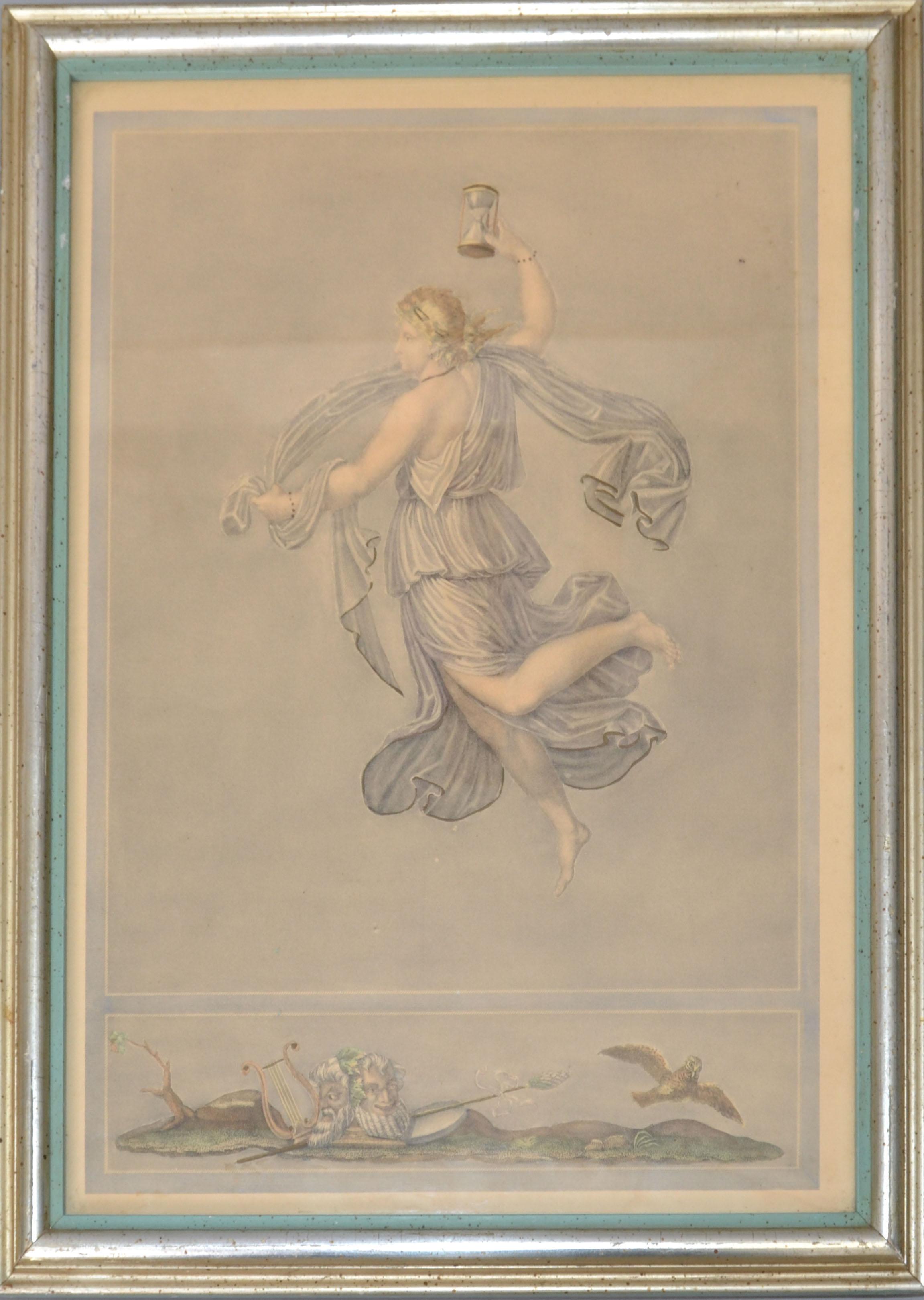 Gravure sur acier encadrée de 1890 Scène gréco-romaine horloge à sable par Bernard Picture Co. New York, New York.
Marqué Borghese au revers.
