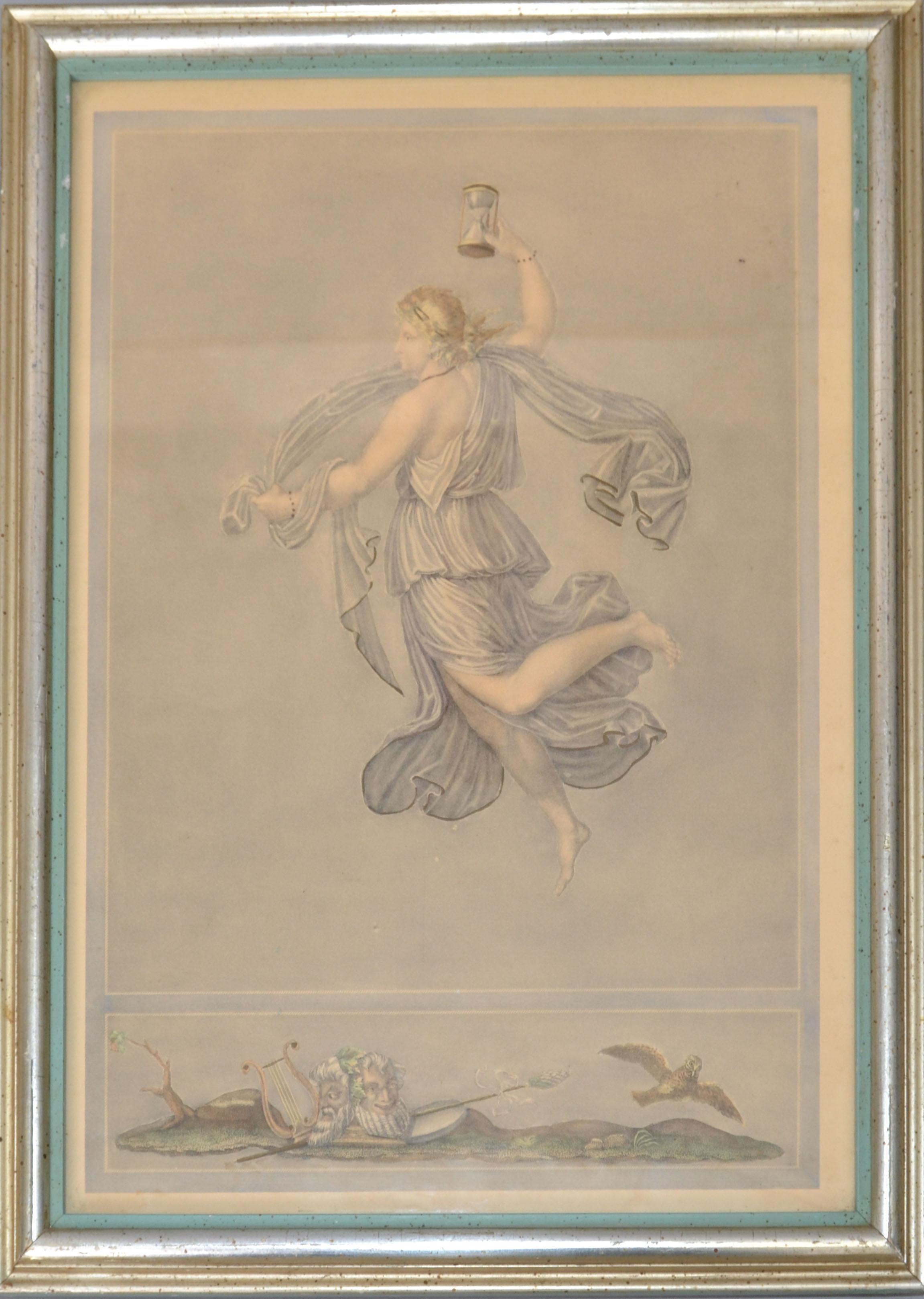 Framed 1890 Steel Engraving Greco Roman scene sand clock by Bernard Picture Co. New York, New York.
Marked Borghese on the reverse.

O-505-335