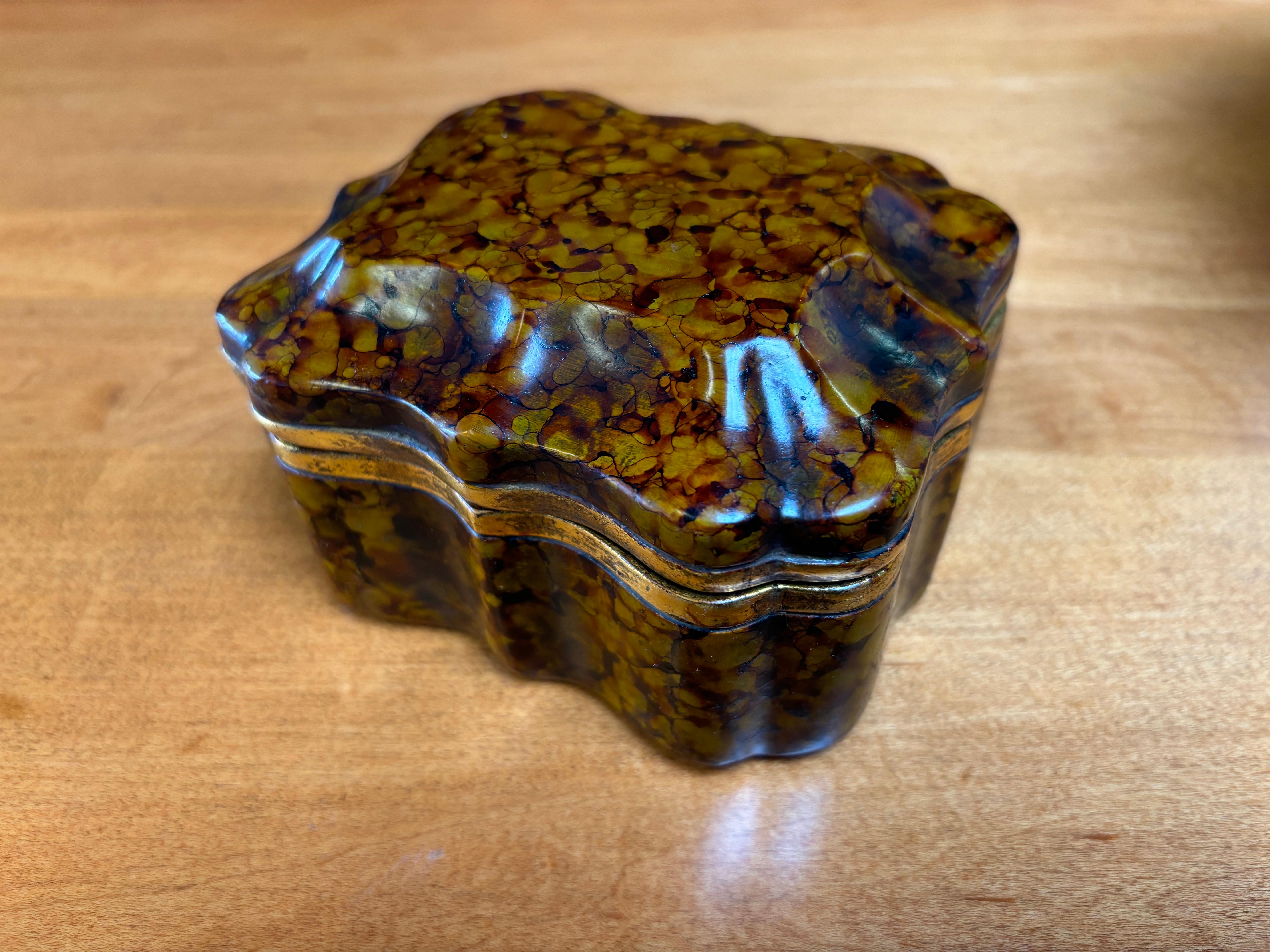 Borghese Ceramic lidded Box with a tourtise shell or marbleized finish.  Gold trim with a blue interior.  Beautiful simple, elegant Design!  Box in nice original condition with paper label to the bottom.
