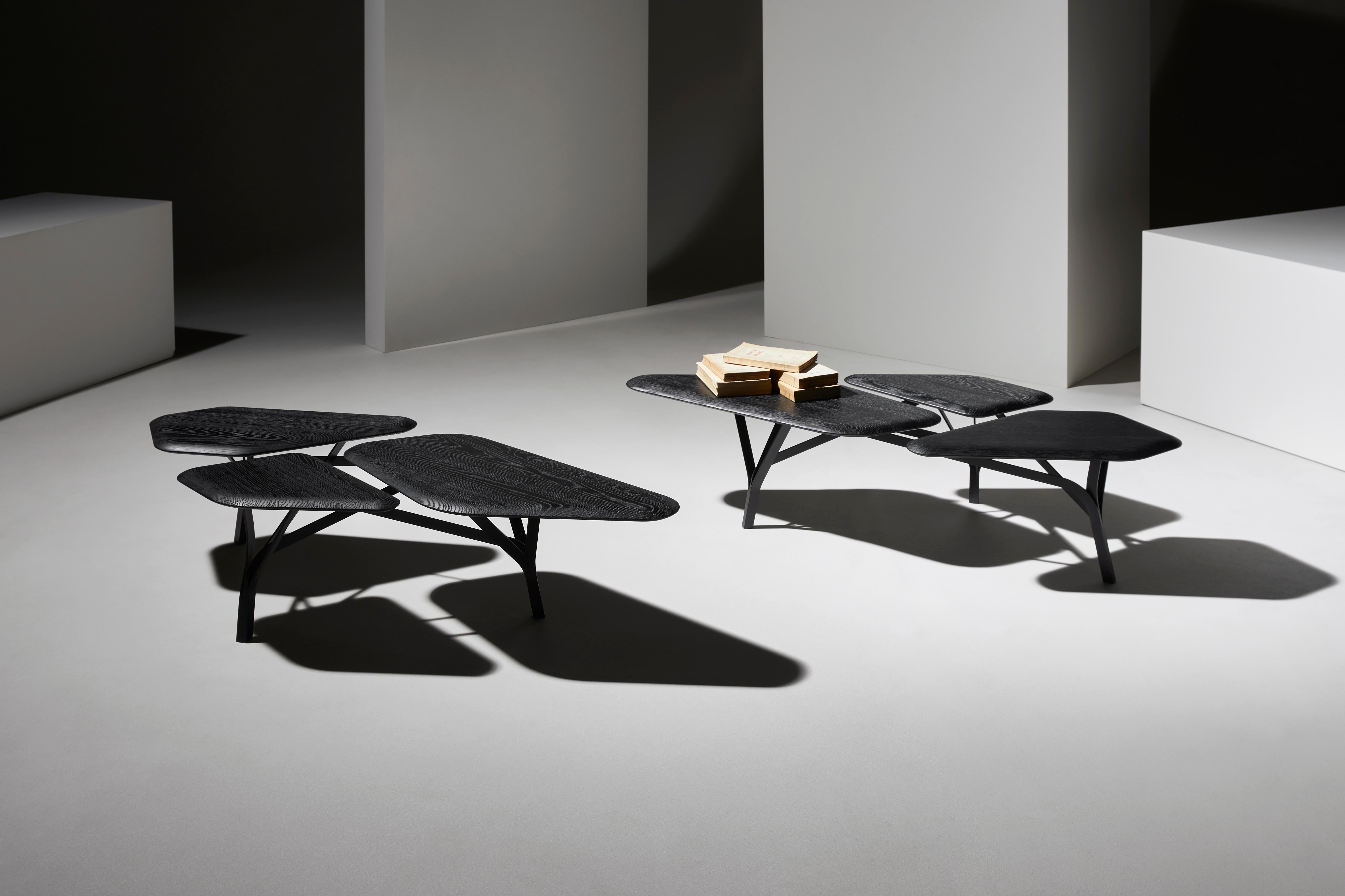The Borghese table, as the eponymous sofa, is inspired by the umbrella pines at the Villa Borghese gardens in Rome.
The characteristic network of branches is translated as a graphic steel framework supporting a trio of solid wood tops.
The