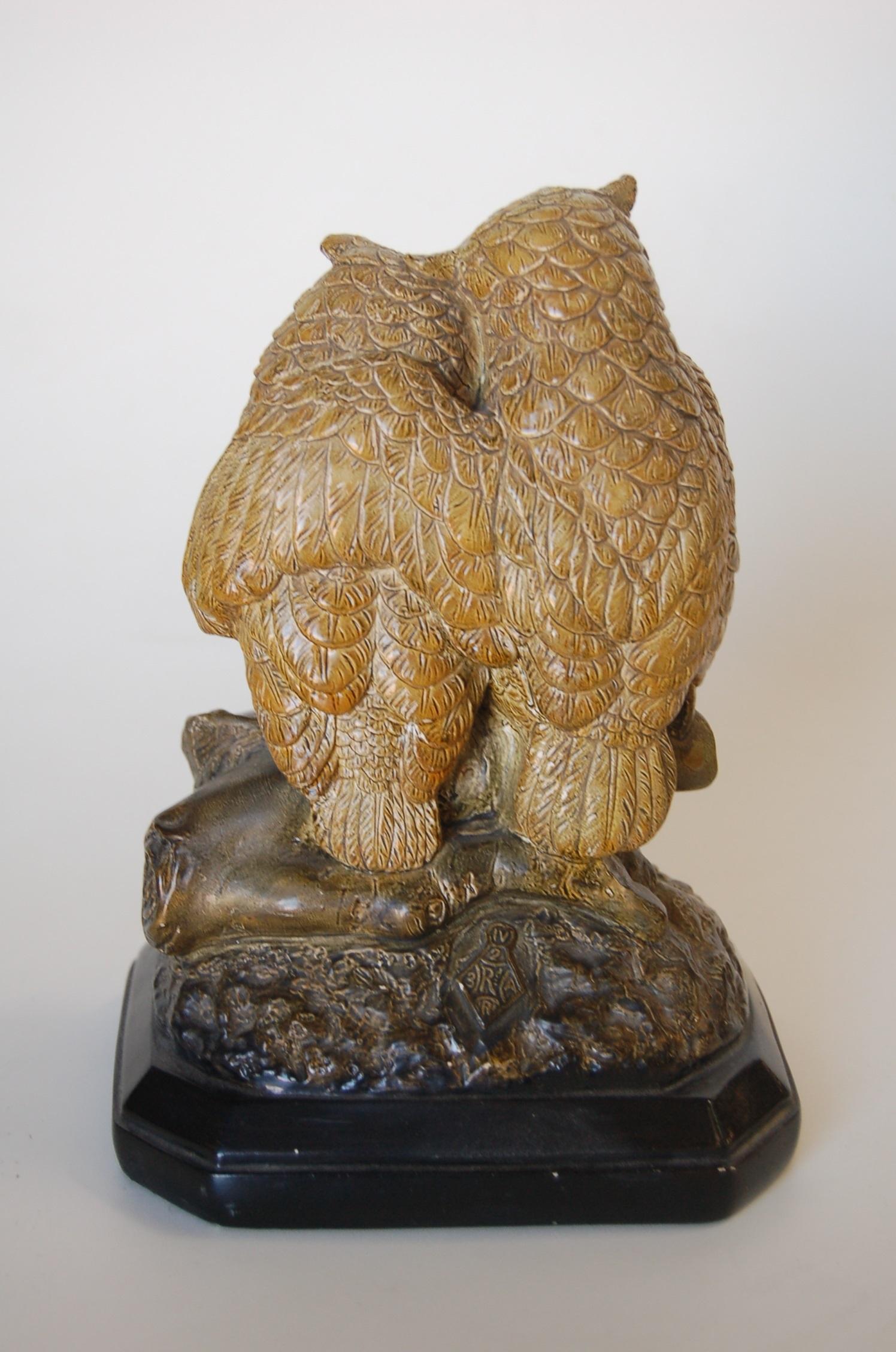 Cast Borghese English Victorian Period Majolica Owl Couple Figurine, Signed