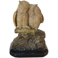Borghese English Victorian Period Majolica Owl Couple Figurine, Signed