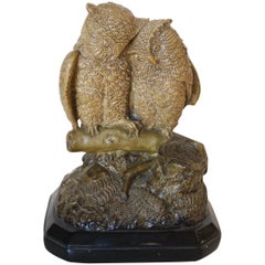 Antique Borghese English Victorian Period Majolica Owl Couple Figurine, Signed