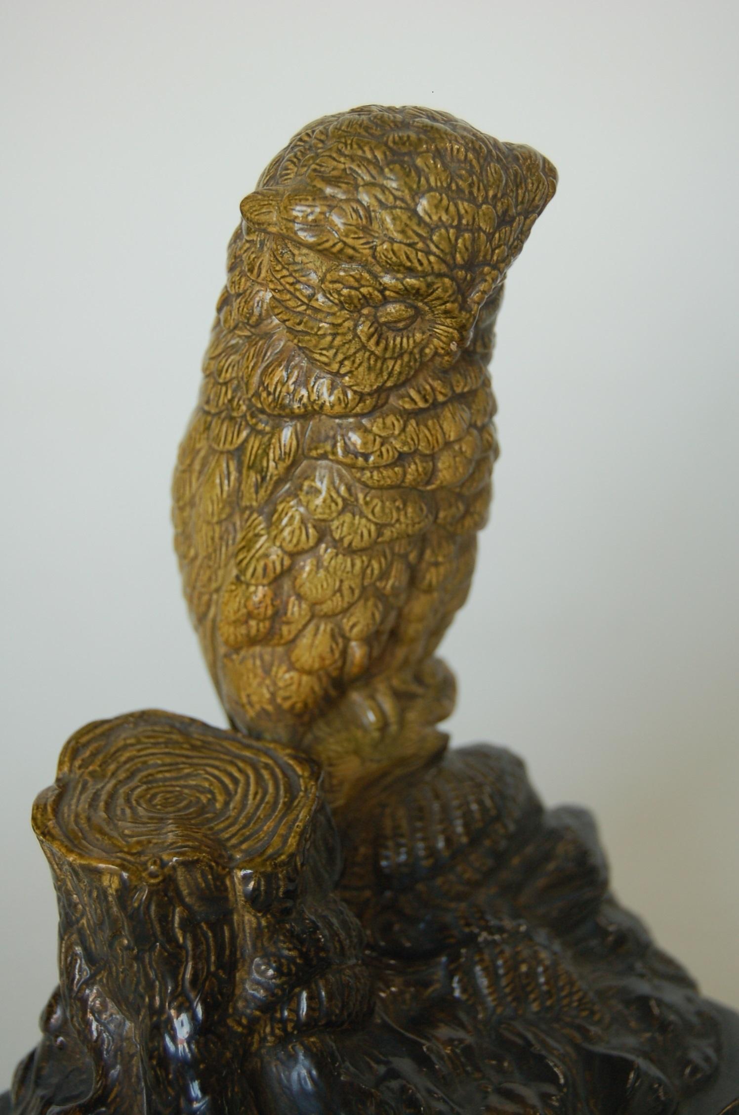 19th Century Borghese English Victorian Period Majolica Owl Figurine, Circa 1871