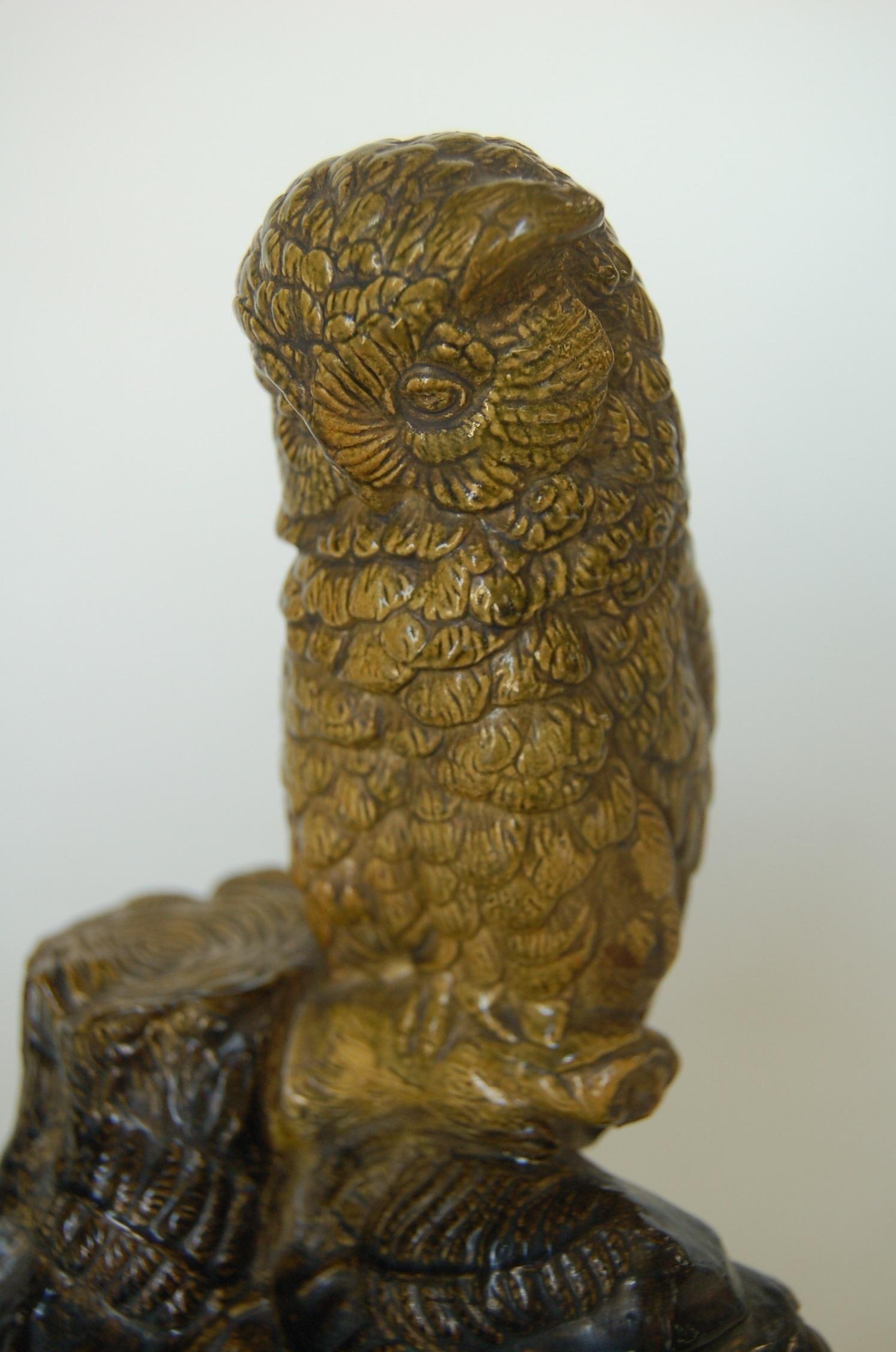 Plaster Borghese English Victorian Period Majolica Owl Figurine, Circa 1871