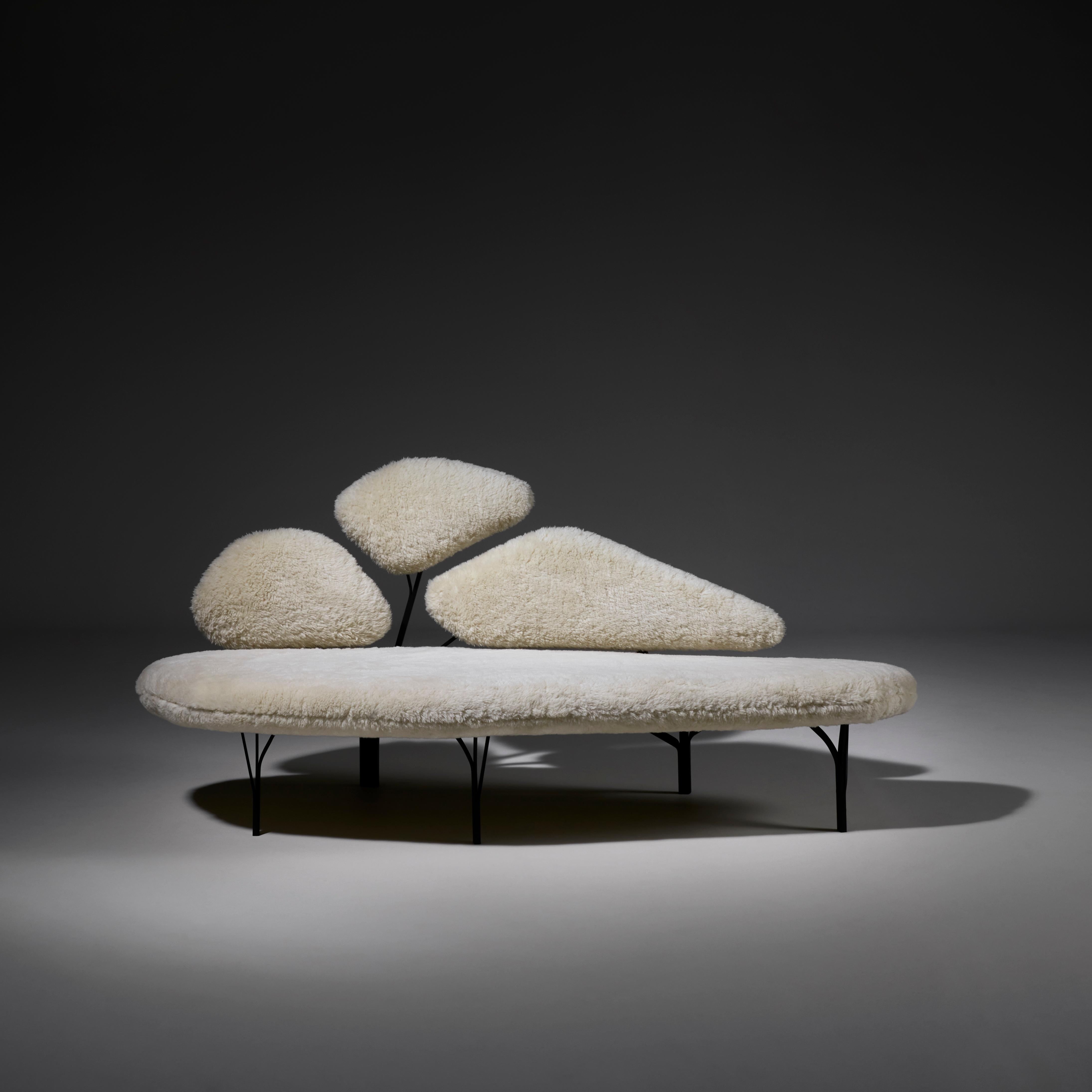 Borghese Sofa is a sculptural piece directly inspired and named after the pine trees of the Villa Borghese gardens in Roma.
The characteristic network of branches is translated as a graphic steel framework to support a trio of cushion.
The