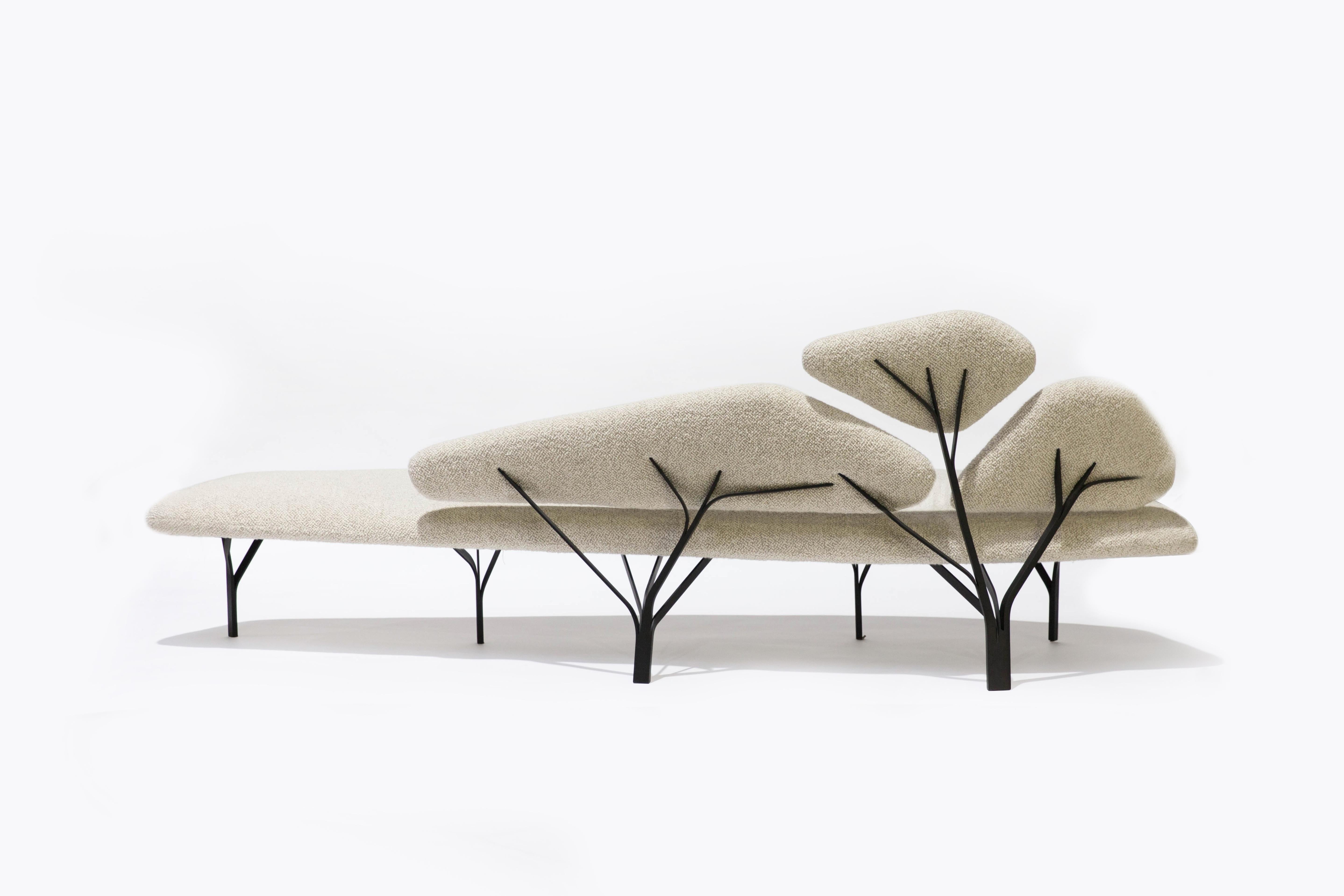 Borghese Sofa is a sculptural piece directly inspired and named after the pine trees of the Villa Borghese gardens in Roma.
The characteristic network of branches is translated as a graphic steel framework to support a trio of cushion.
The