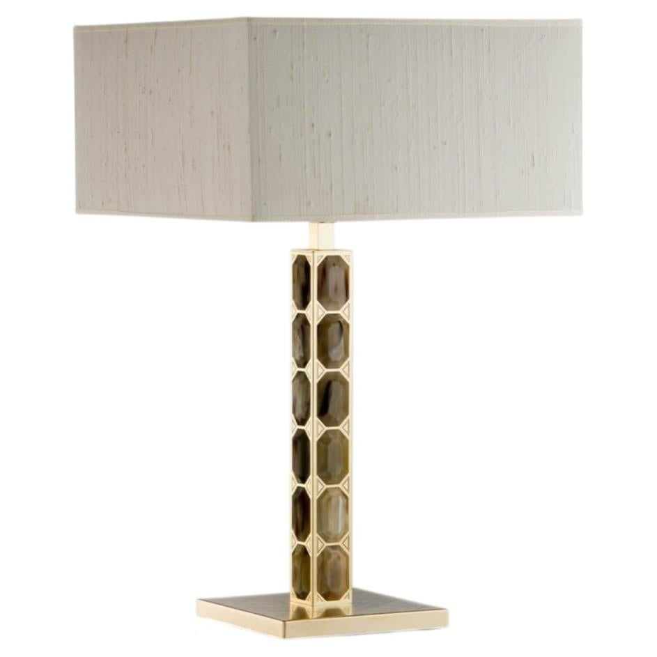 Borgia Table Lamp in Horn, 24K Gold-Plated Brass & Ivory Shantung by Arcahorn
