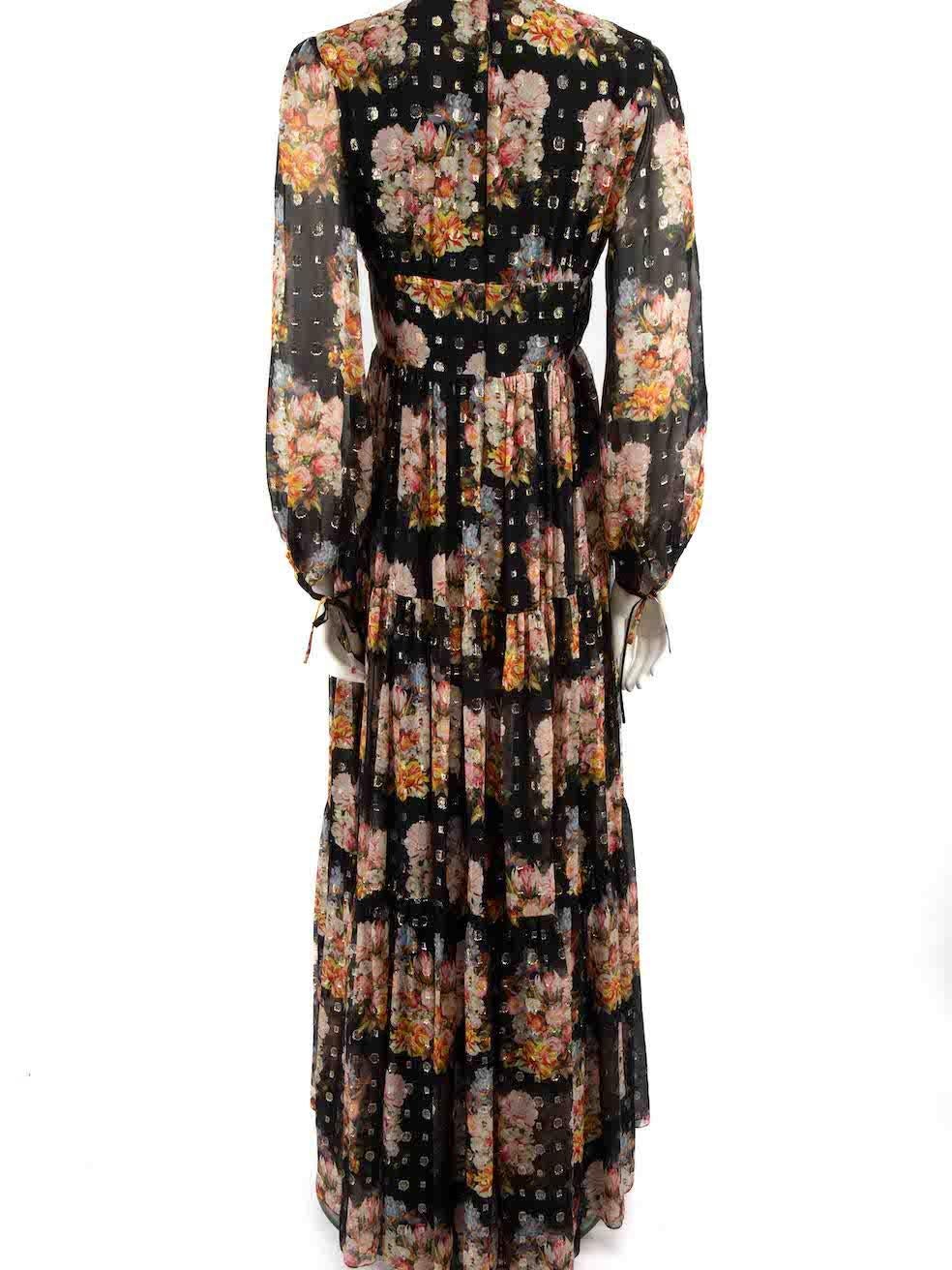 Borgo De Nor Black Freya Floral Print Maxi Dress Size L In Good Condition For Sale In London, GB
