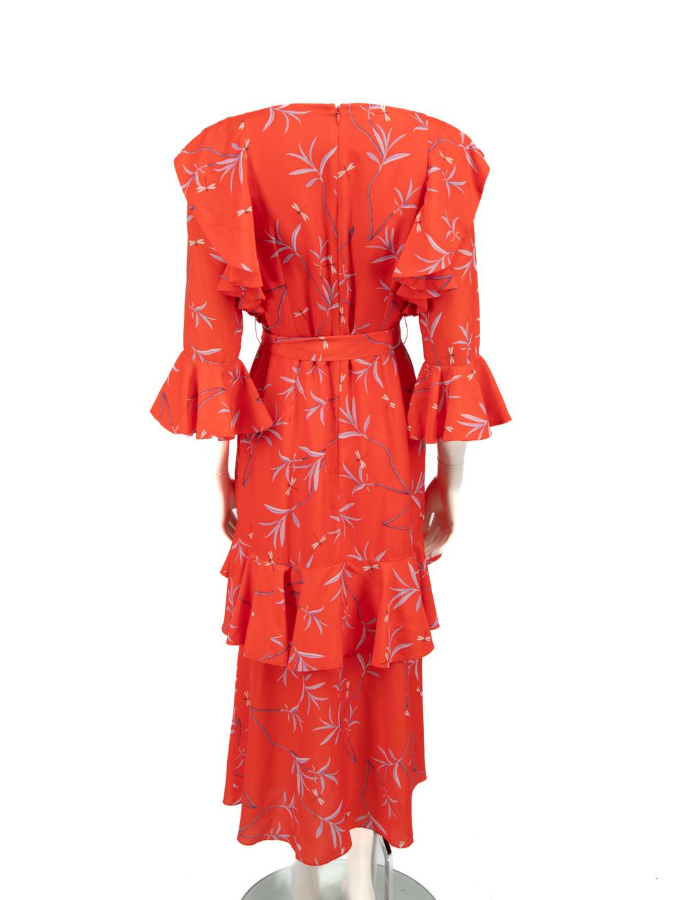 Borgo De Nor Red Flower Print Ruffle Trim Dress Size S In Good Condition In London, GB