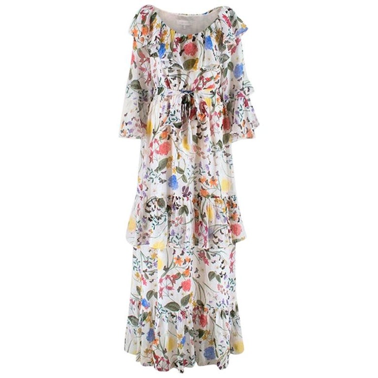 Borgo De Nor White Floral Silk Maxi Dress - Size US 6 For Sale at 1stDibs