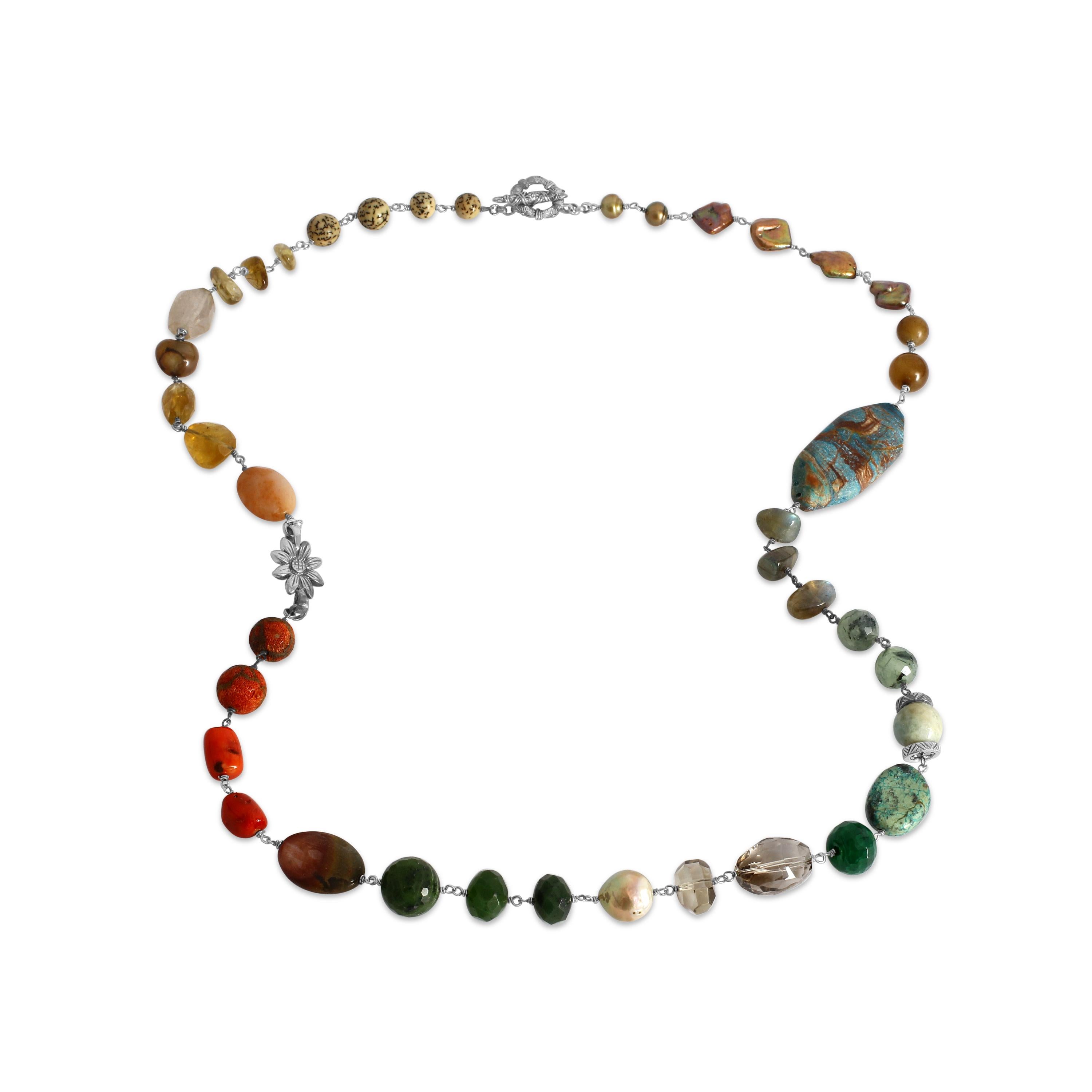 Borinut, Smooth Whiskey, Gold Hair Rutilated, Yellow Carnelian, Smoky Quartz, Smooth Aquamarine Necklace in Sterling Silver
