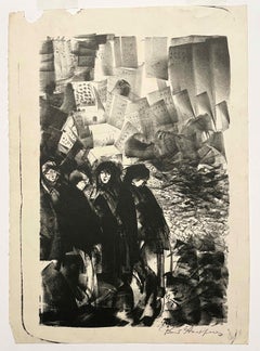 Moody Untitled 1920s Boris Anisfeld Lithograph of Figures and City Buildings