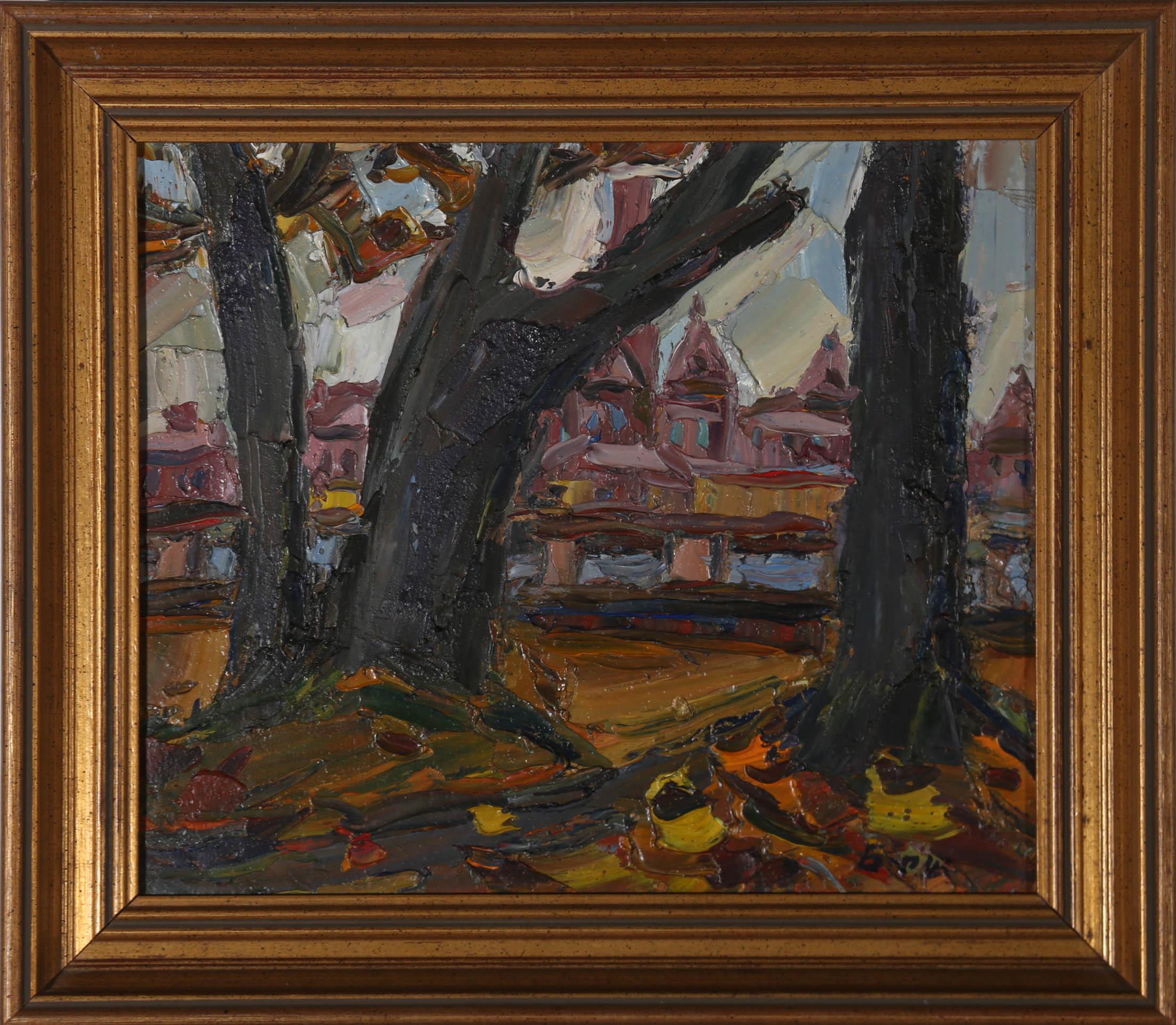 Russian contemporary, Boris Borsch has blended oils straight from the tube in this impressive impasto view of St Petersburg, with obtrusive autumn trees. The painting is signed to the lower right hand corner, with an inscription in cyrillic, verso.