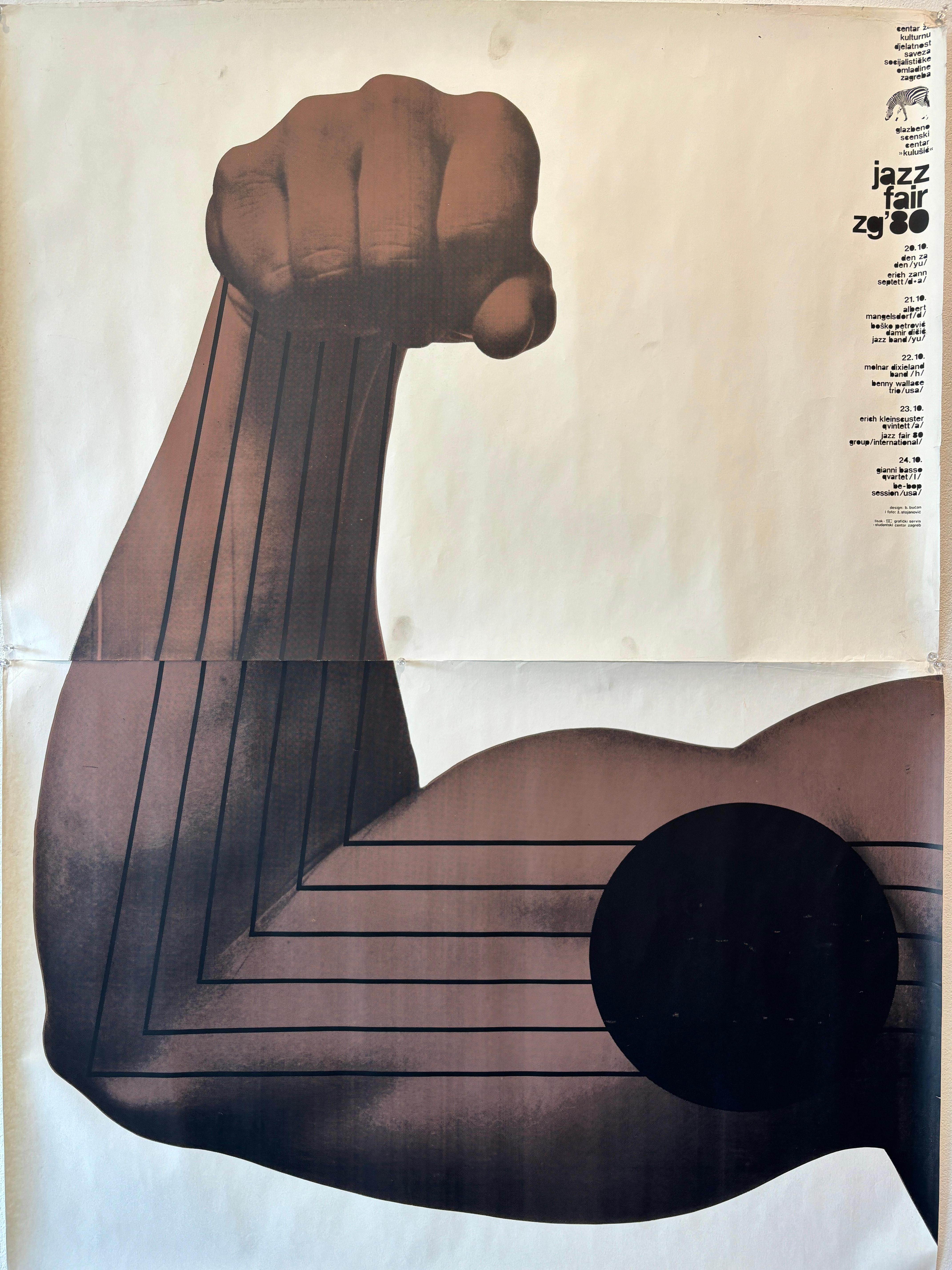 BORIS BUCAN Zweiseitiges Original-Vintage-Poster aus Seidenkrepp mit Siebdruck, Zagreb Jazzmesse 1980 (Moderne) im Angebot