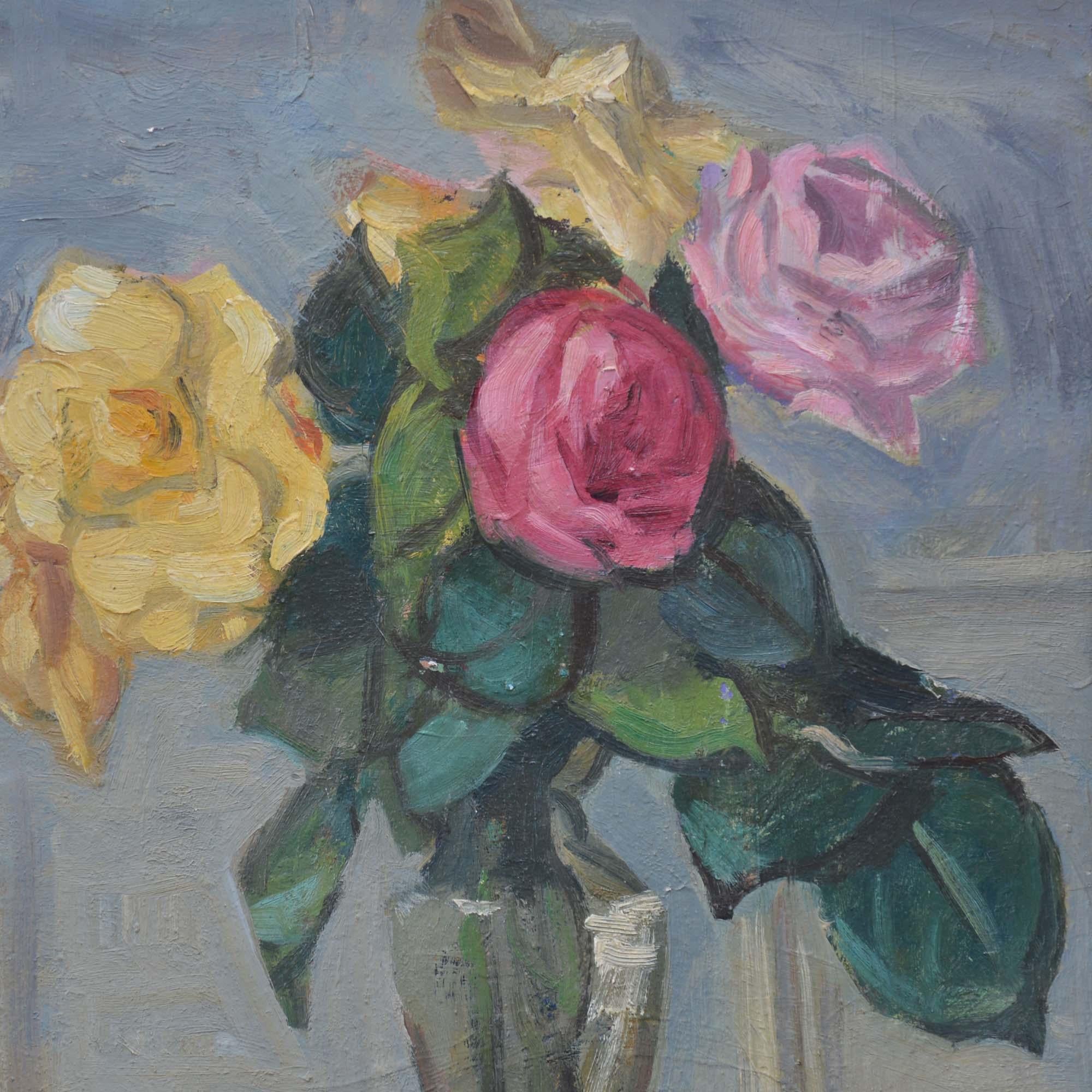 Boris Buchet (French, 1917 – 1999) Oil on board - Still life of roses in a vase For Sale 8