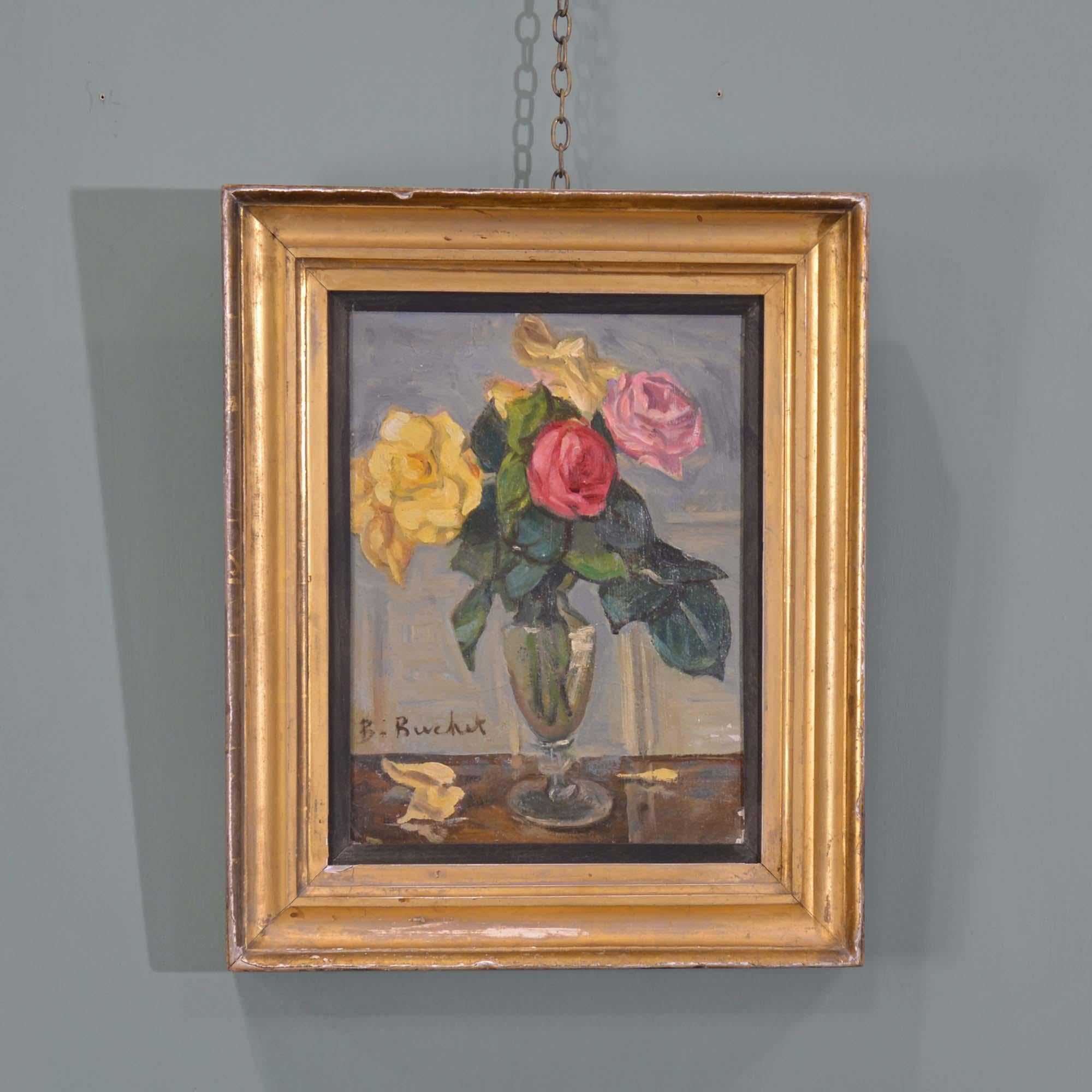 Boris Buchet (French, 1917 – 1999)
Still life of roses in a vase
Oil on board, signed (lower left)

Framed in a 19th century water gilded frame with a bold section, the water gilding with lovely aged patina, set off with a black slip.  The gilding