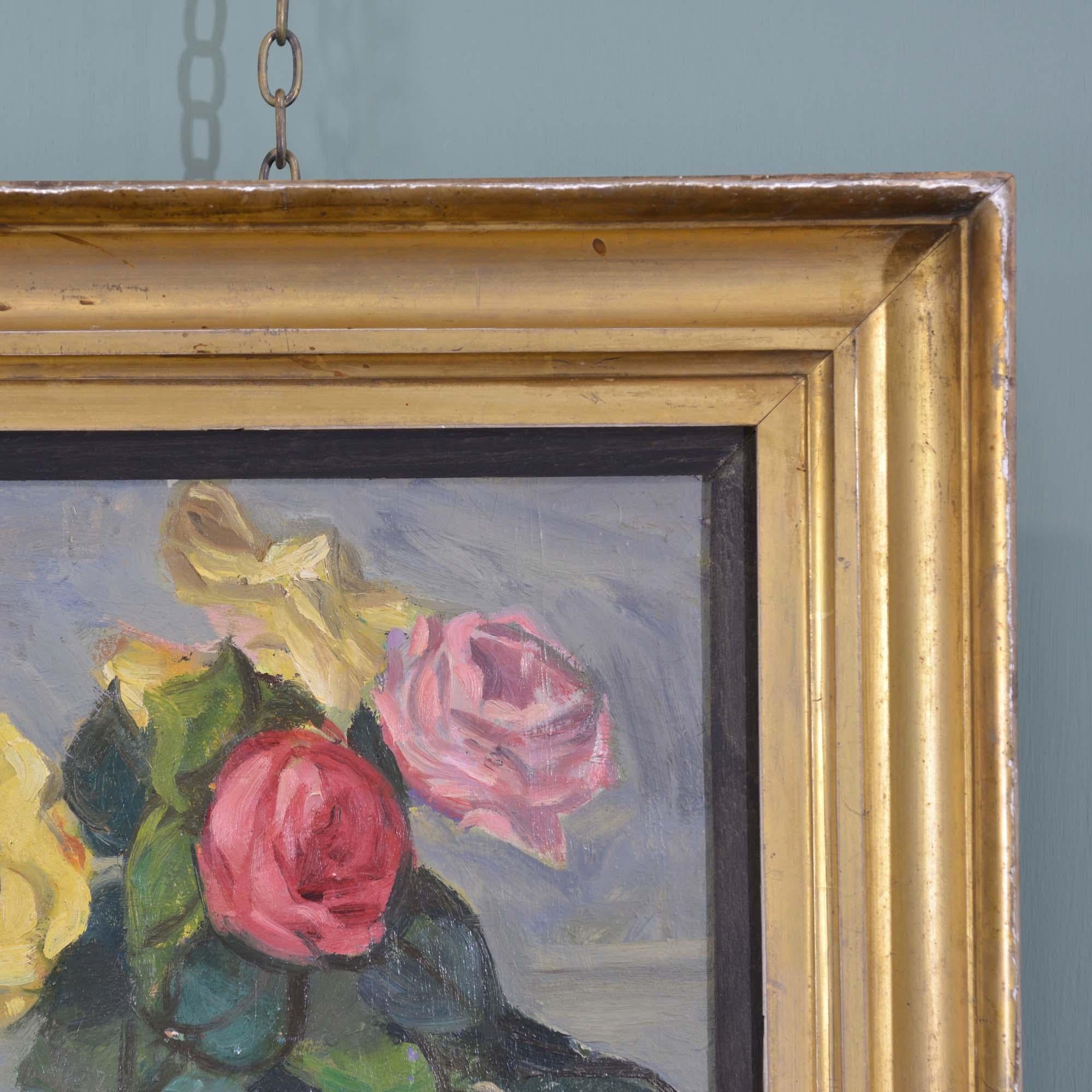 20th Century Boris Buchet (French, 1917 – 1999) Oil on board - Still life of roses in a vase For Sale