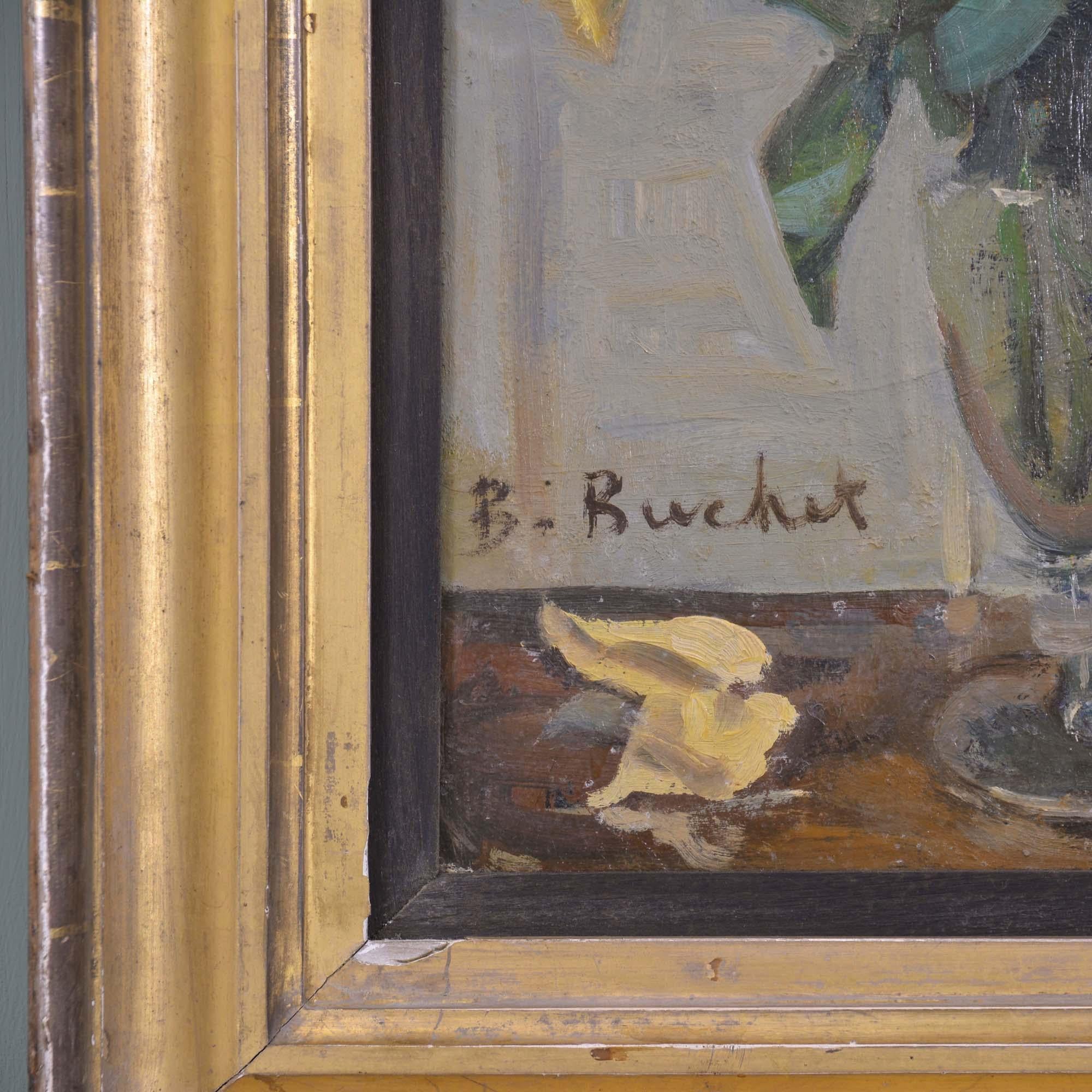 Paint Boris Buchet (French, 1917 – 1999) Oil on board - Still life of roses in a vase For Sale