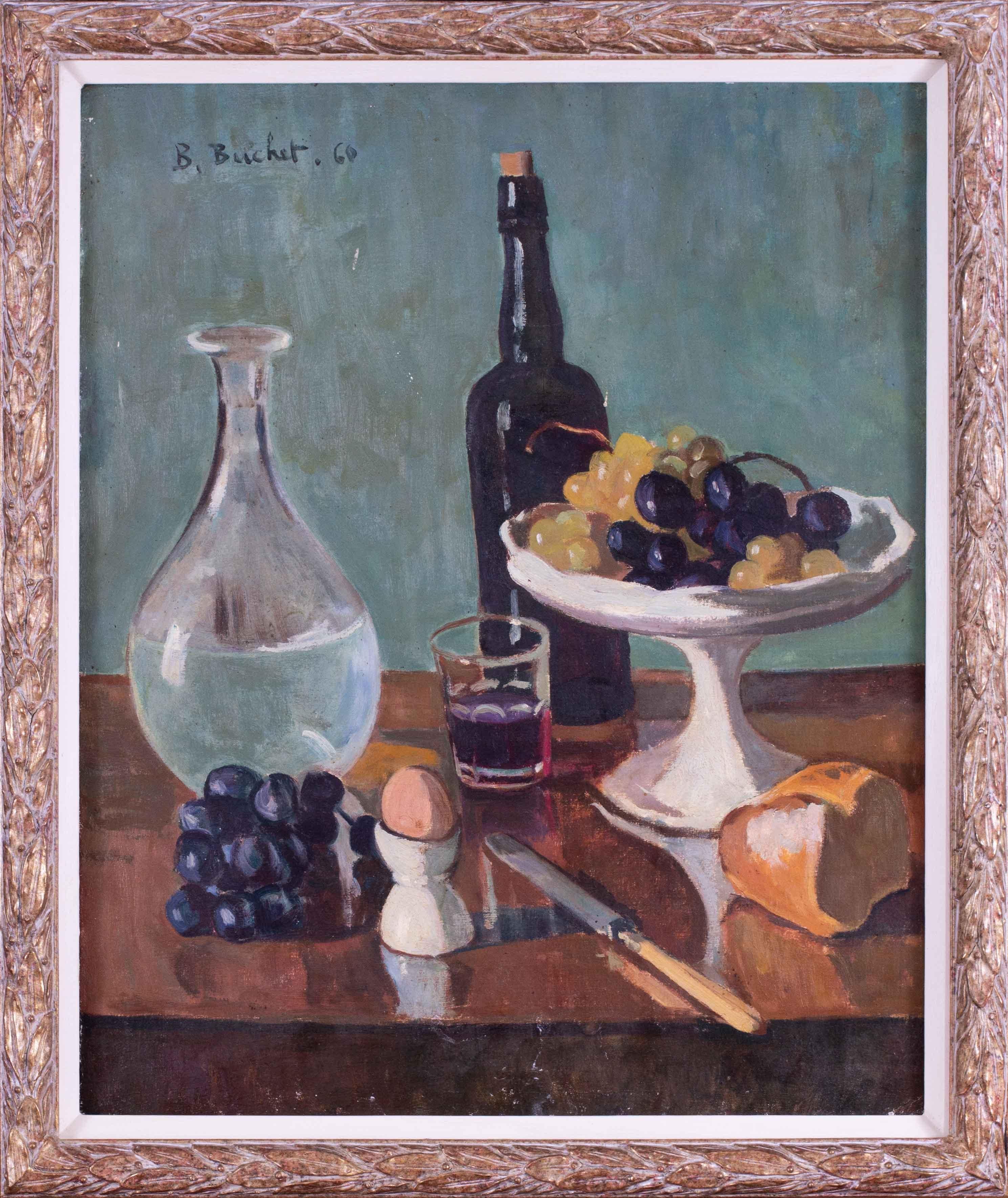Boris Buchet (francese, 1917 - 1999)
Uva e uovo, una pagnotta e una bottiglia di vino
Olio su tela
Firmato e datato 'B. A. B.'. Buchet 60' (in alto a sinistra)
24 x 19,5/8 pollici (61 x 50 cm)






