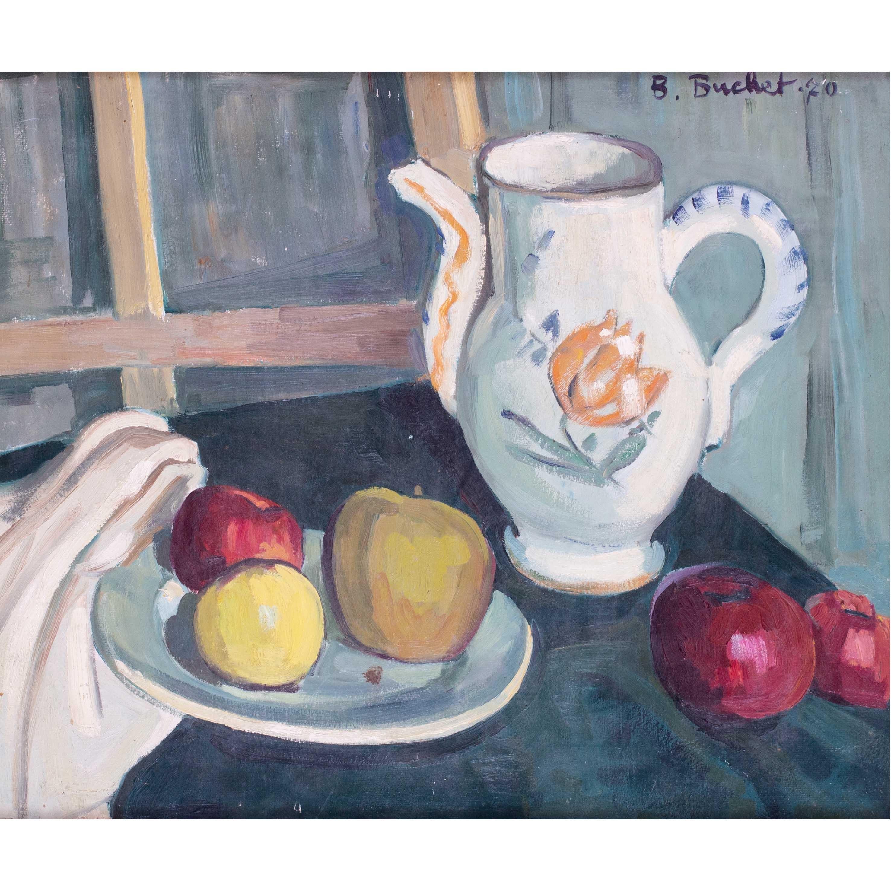 France, 20e siècle Nature morte de pommes et cruche décorée par Boris Buchet en vente 1