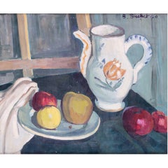 French, 20th Century still life of apples and a decorated jug by Boris Buchet