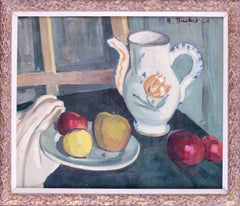 Francese, XX secolo, natura morta di mele e brocca decorata di Boris Buchet