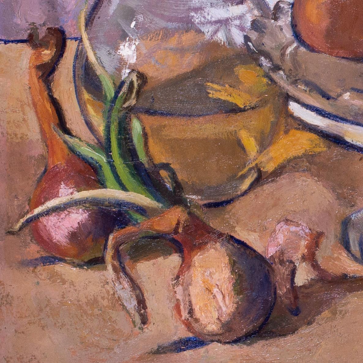 Francés, Siglo XX bodegón de manzanas, cebollas y una sartén por Boris Buchet 4