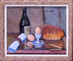 French, 20th Century still life of boiled eggs, bread and wine by Boris Buchet