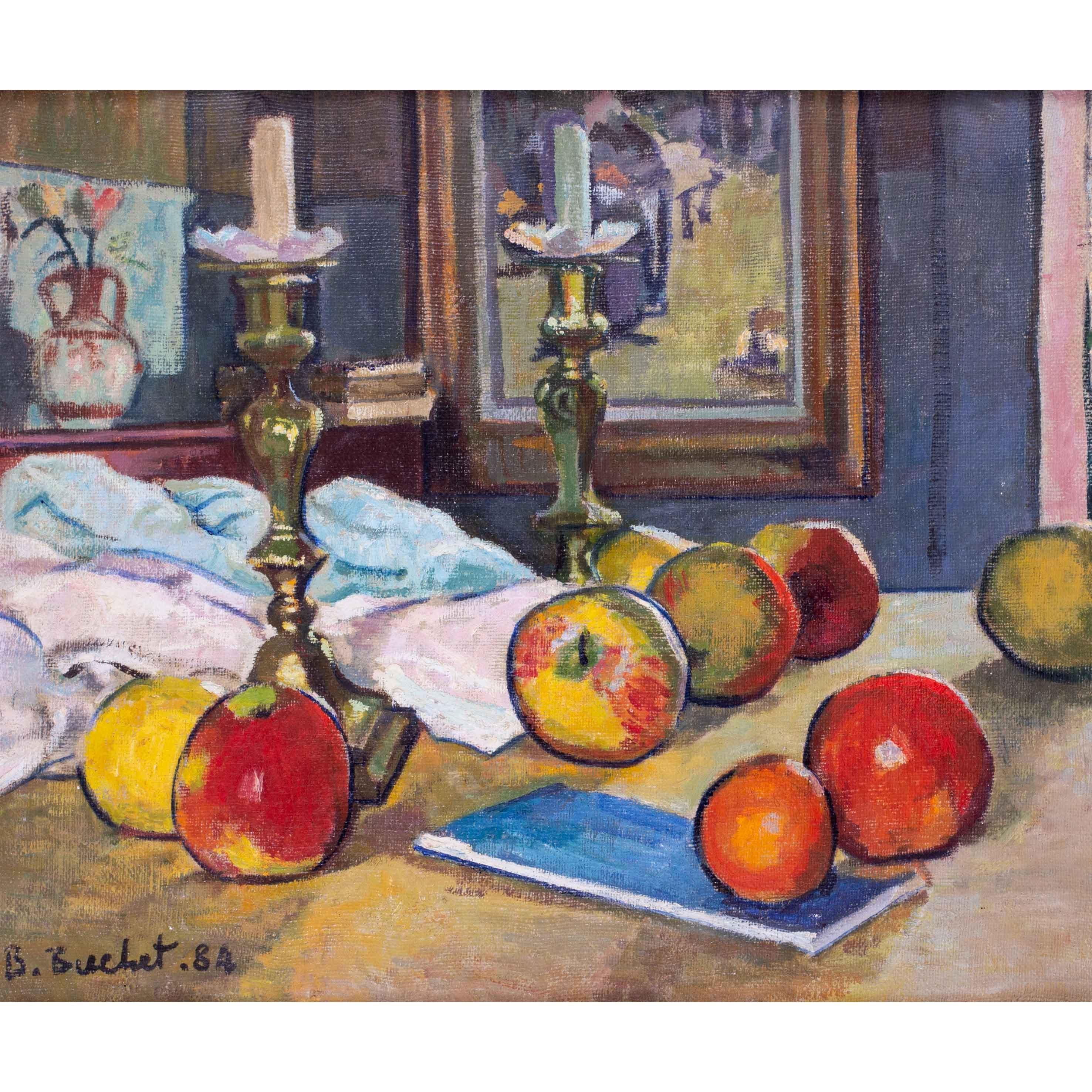 French, 20th Century still life of fruit and candlestick by Boris Buchet For Sale 1