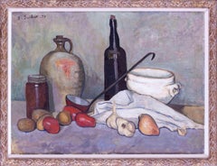 French, 20th Century still life of garlic, wine, tomatoes by Boris Buchet