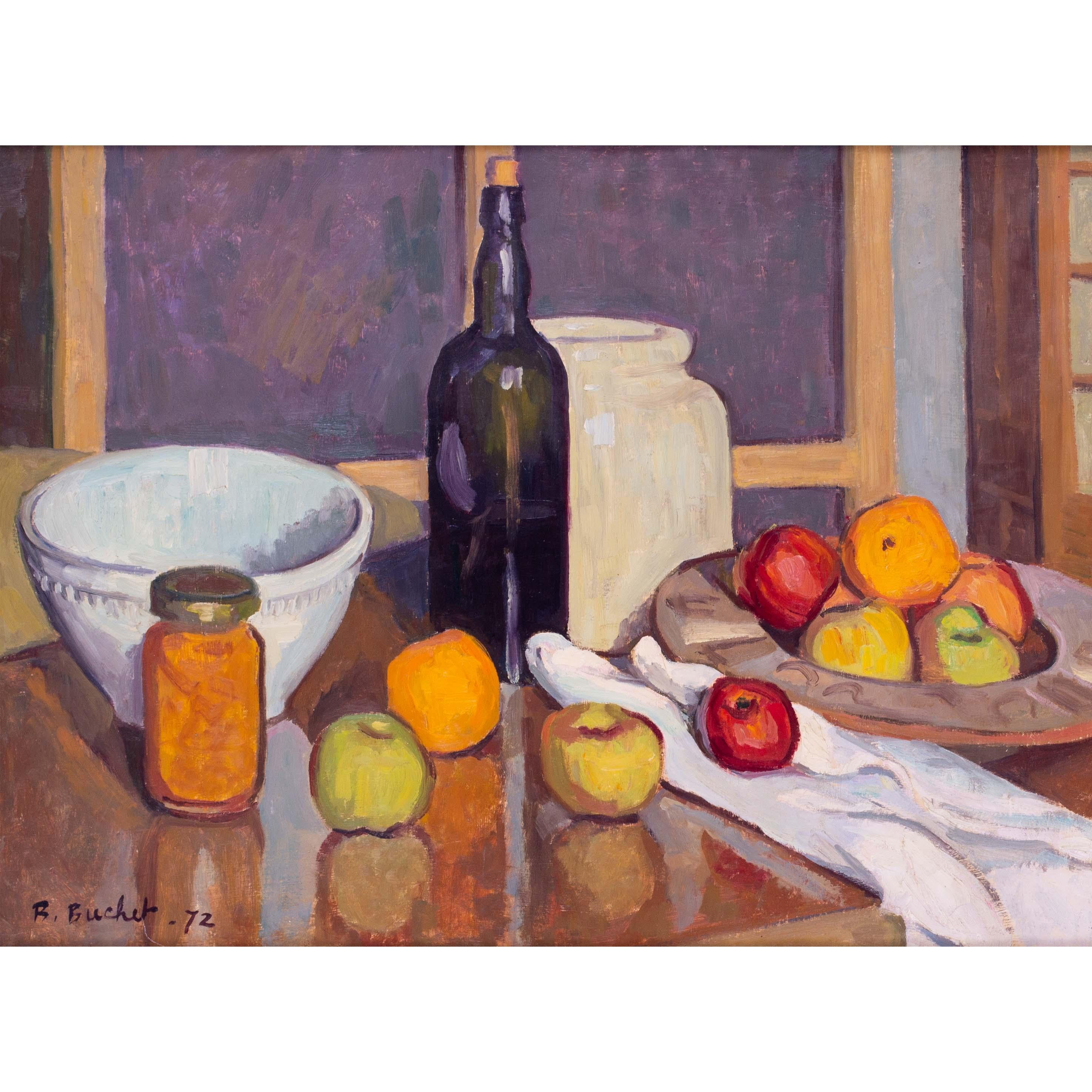 Nature morte française du 20e siècle avec vin, pots, pommes, orange par Boris Buchet en vente 1