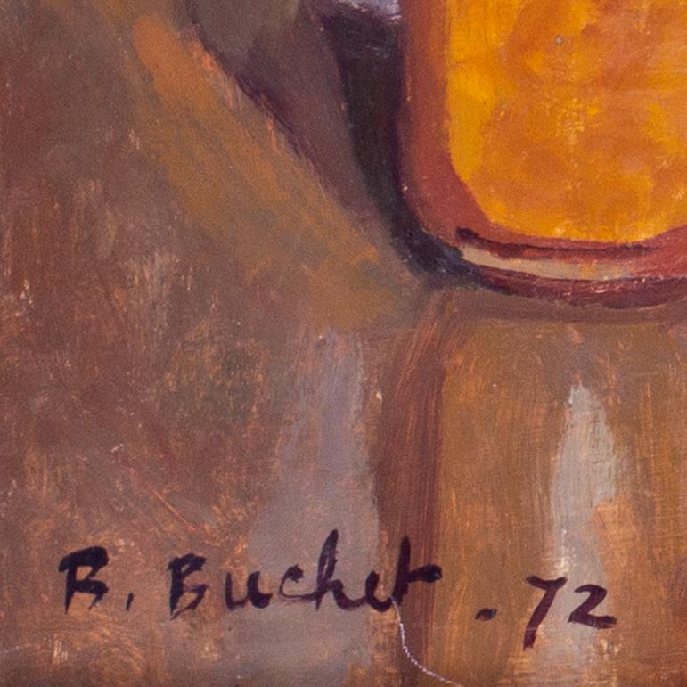 Nature morte française du 20e siècle avec vin, pots, pommes, orange par Boris Buchet en vente 2