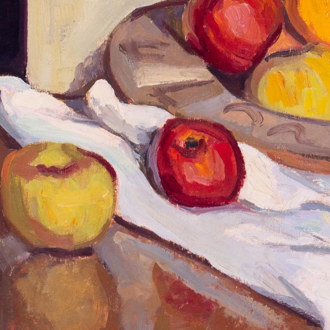 Nature morte française du 20e siècle avec vin, pots, pommes, orange par Boris Buchet en vente 3