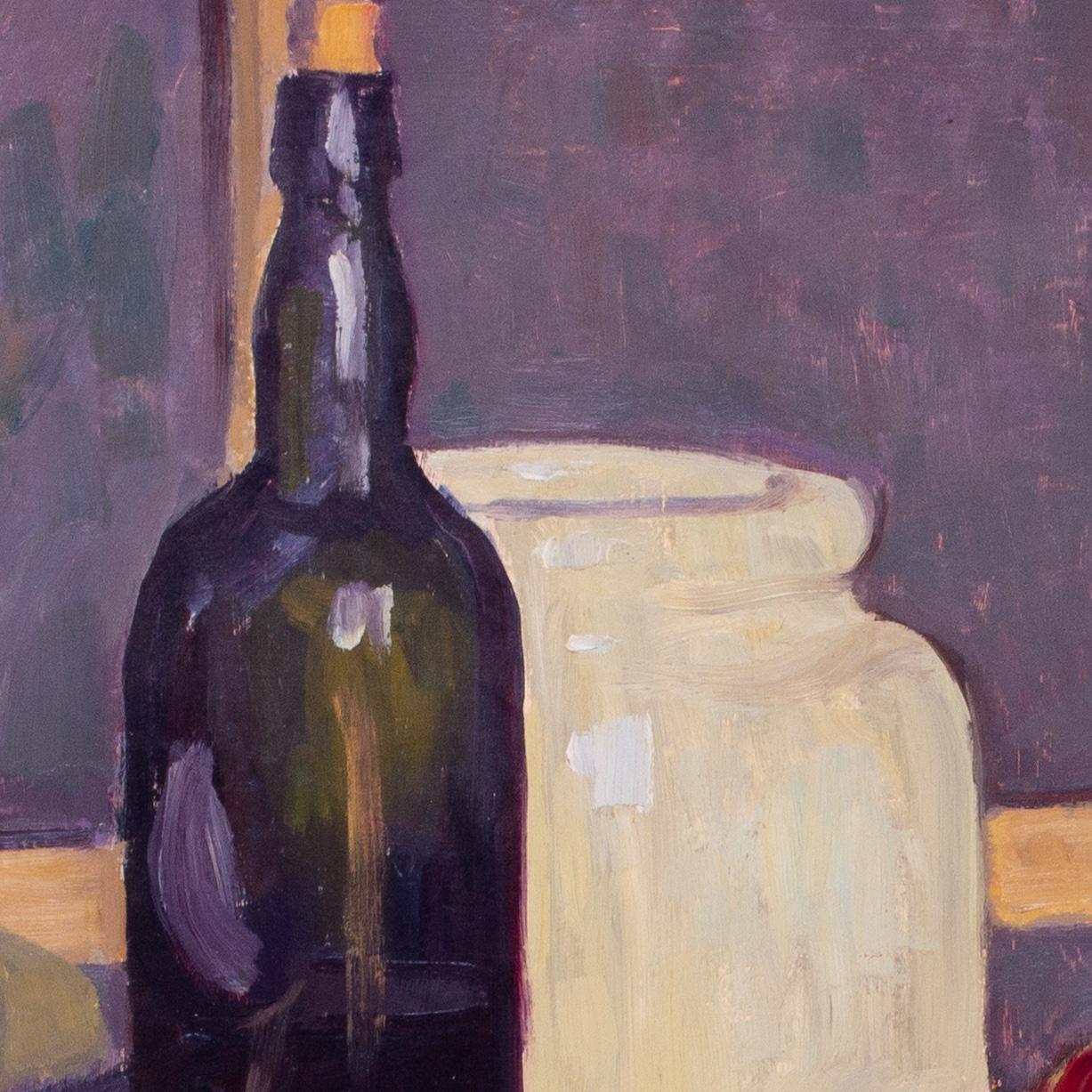 Nature morte française du 20e siècle avec vin, pots, pommes, orange par Boris Buchet en vente 4